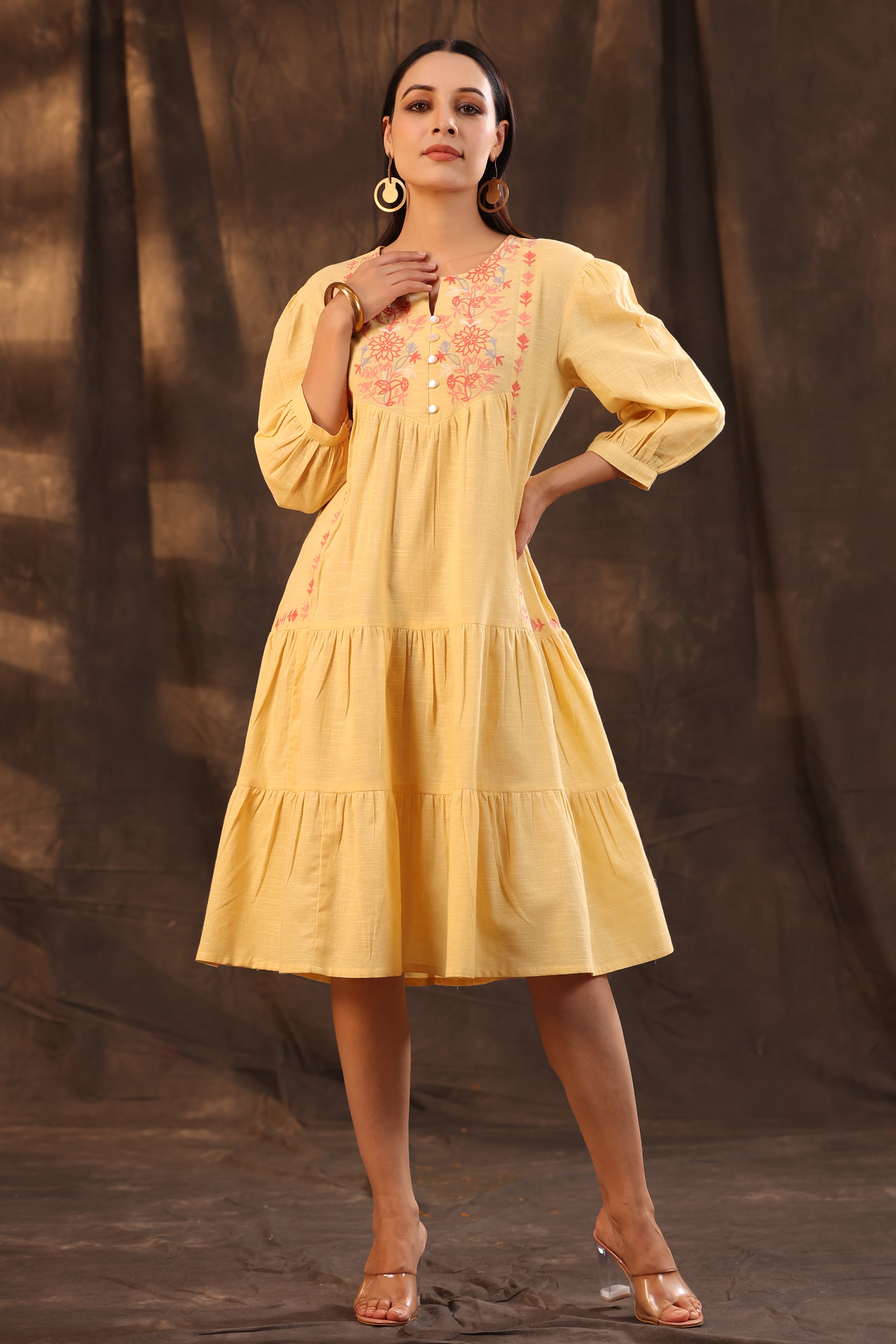 Juniper Yellow Floral Printed Cotton Slub Tiered Midi Dress With Thread Embroidery