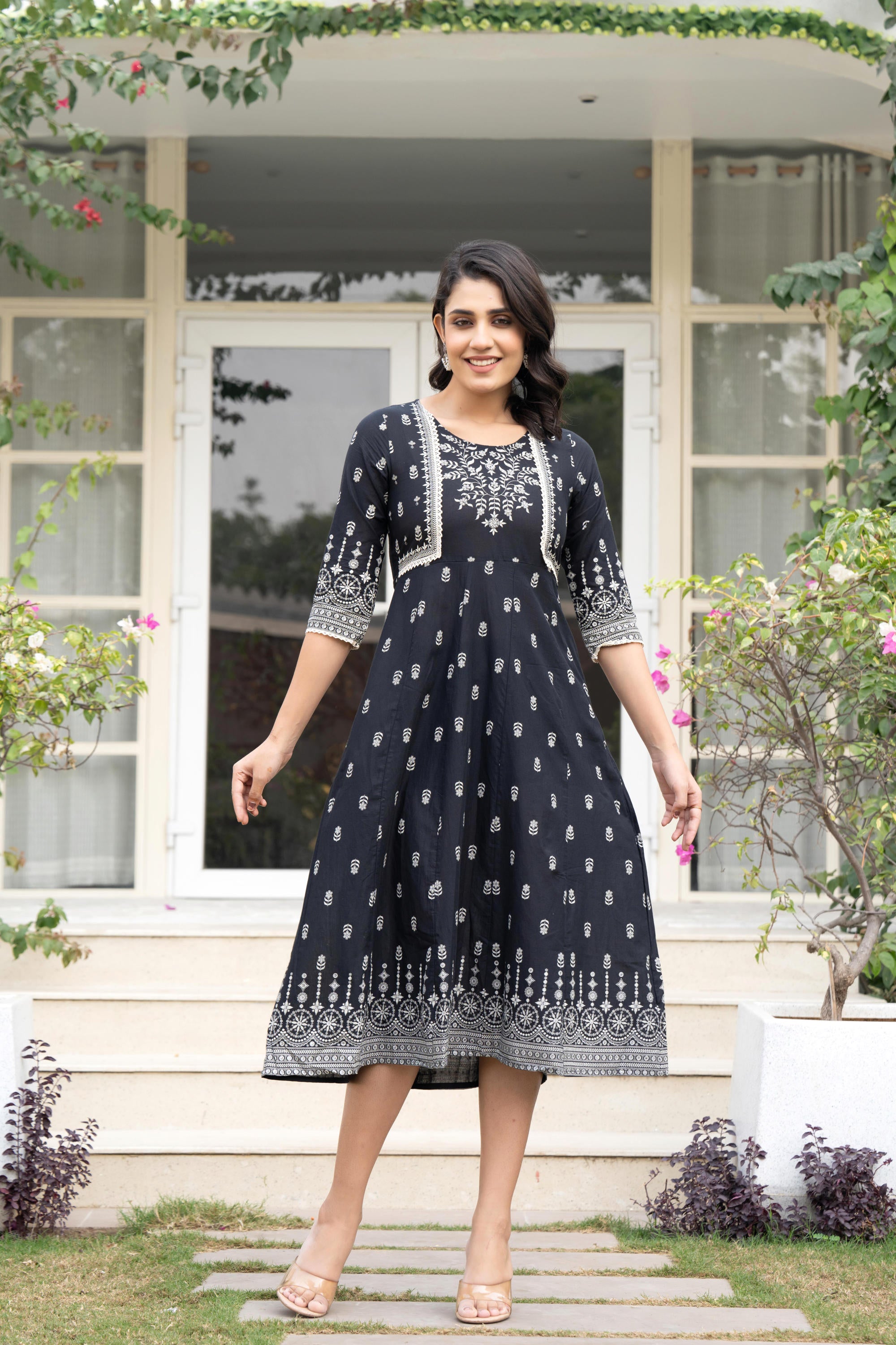 Black Floral Printed Cotton Dress With Thread Work