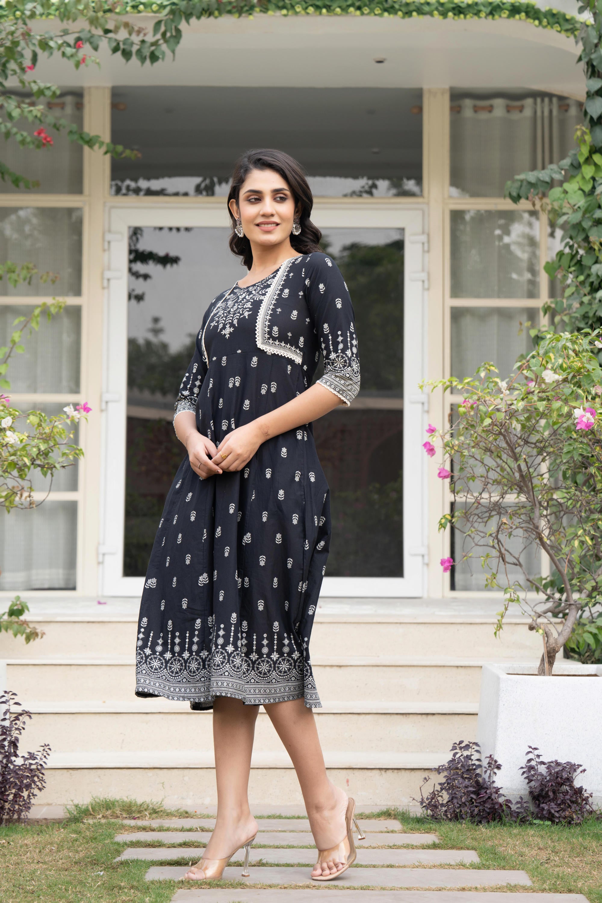 Black Floral Printed Cotton Dress With Thread Work