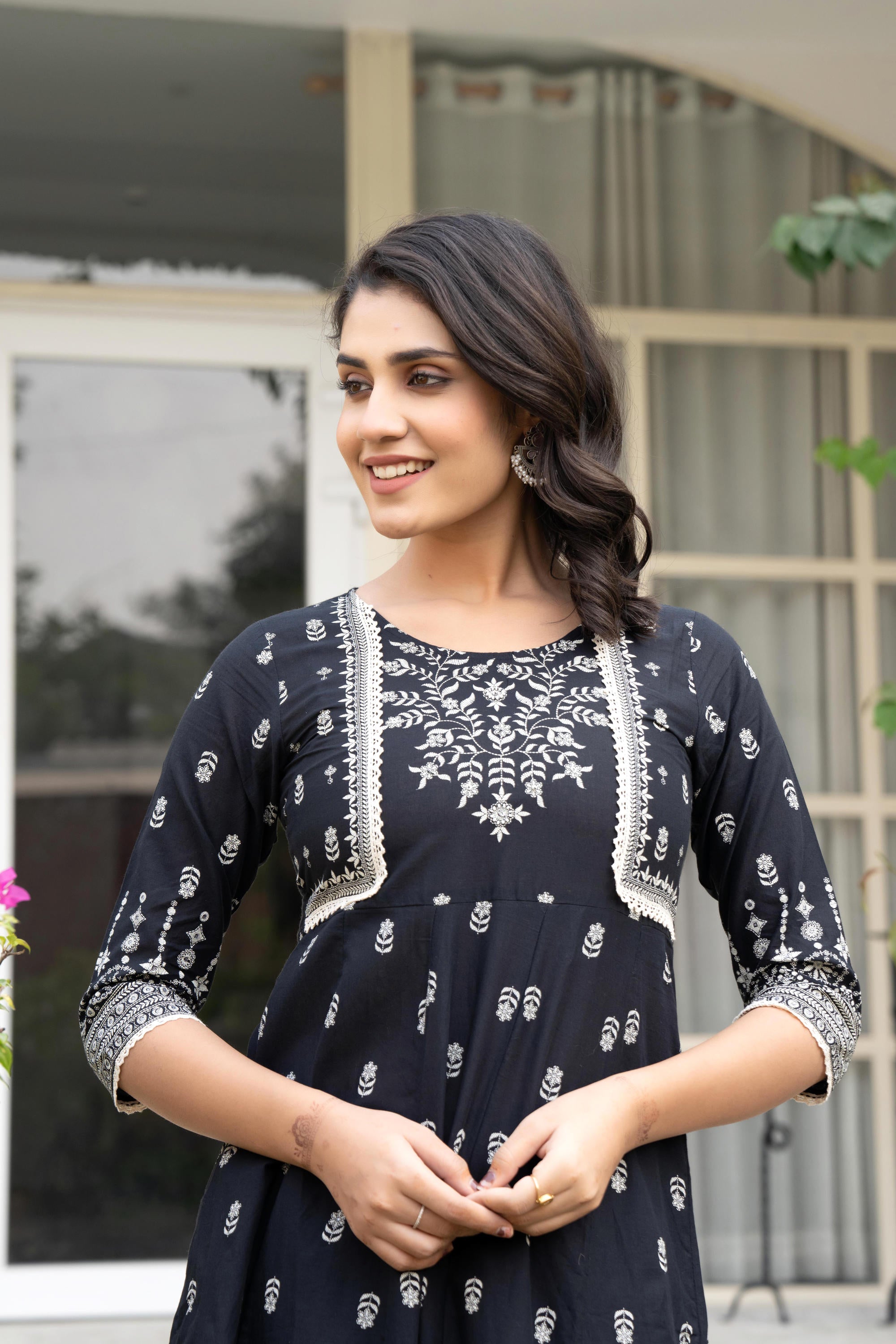 Black Floral Printed Cotton Dress With Thread Work