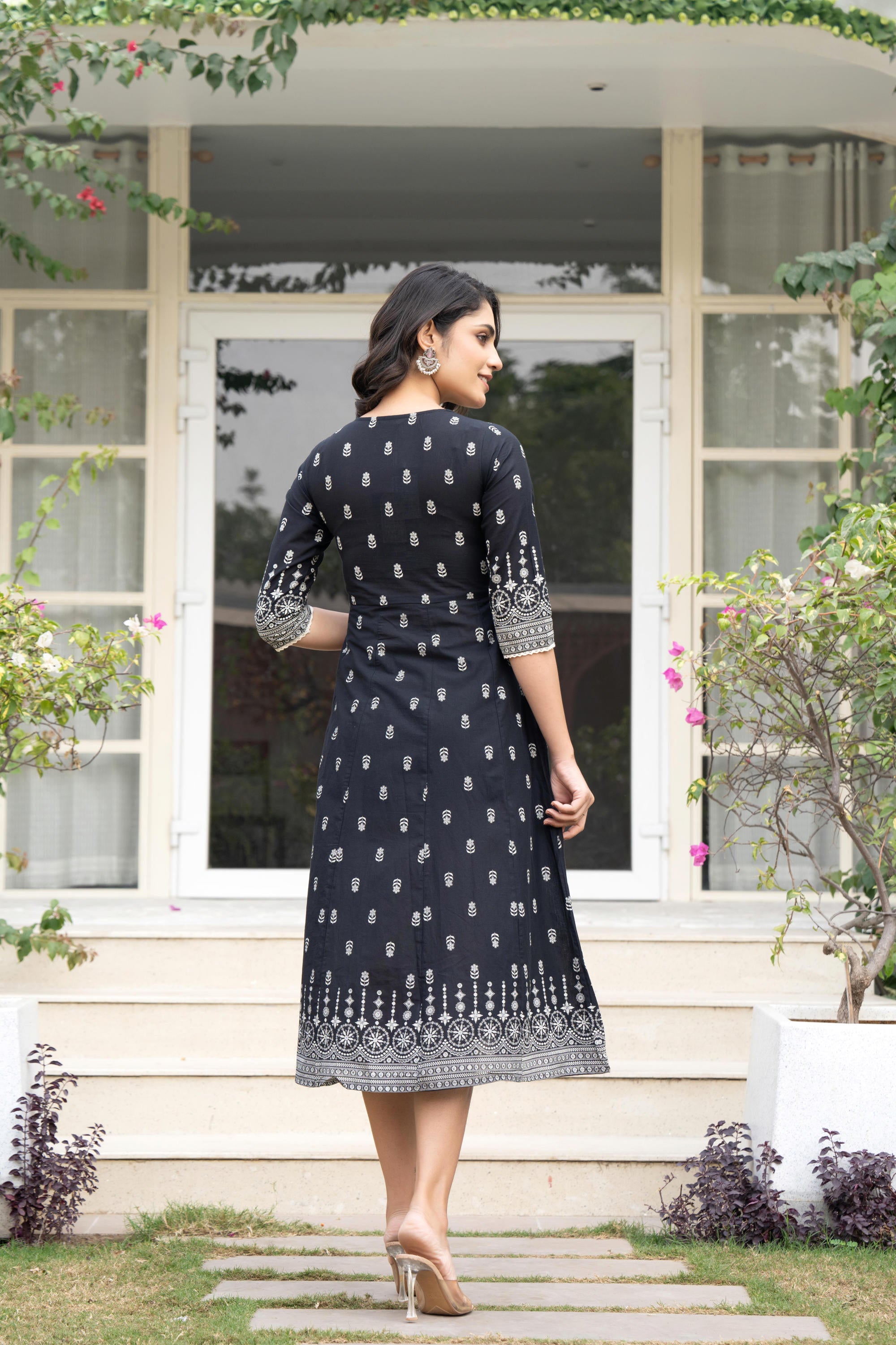 Black Floral Printed Cotton Dress With Thread Work