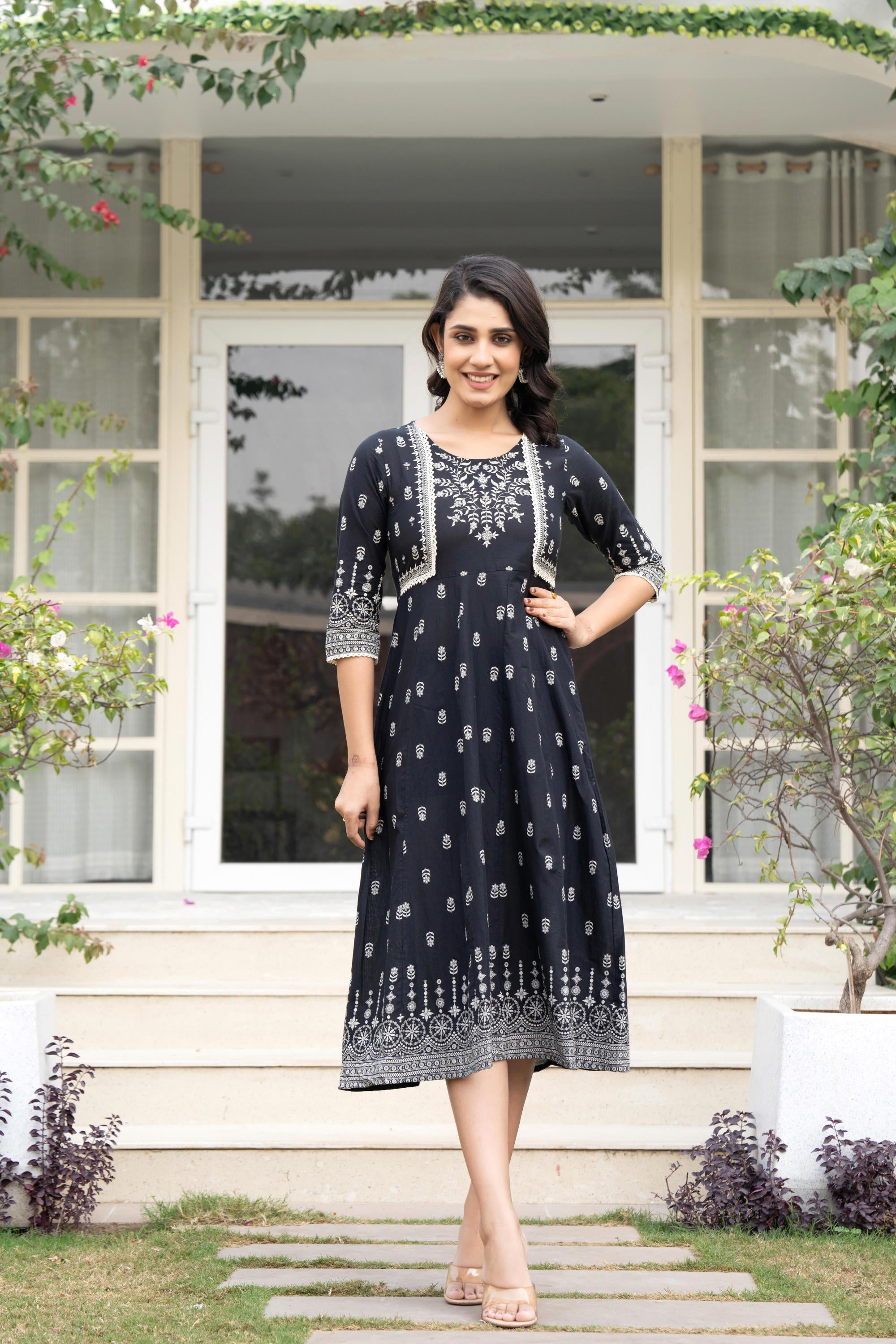 Black Floral Printed Cotton Dress With Thread Work