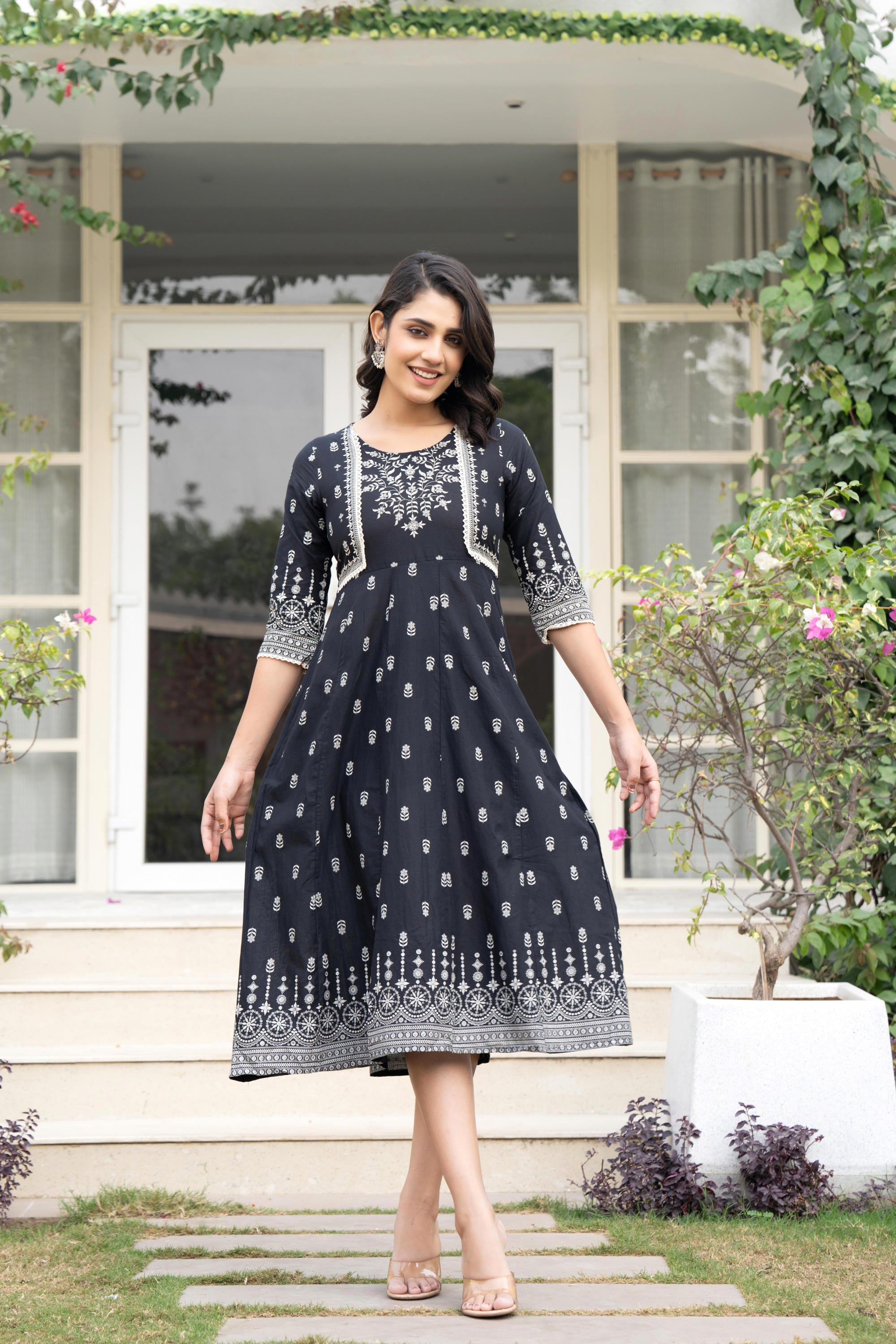 Black Floral Printed Cotton Dress With Thread Work