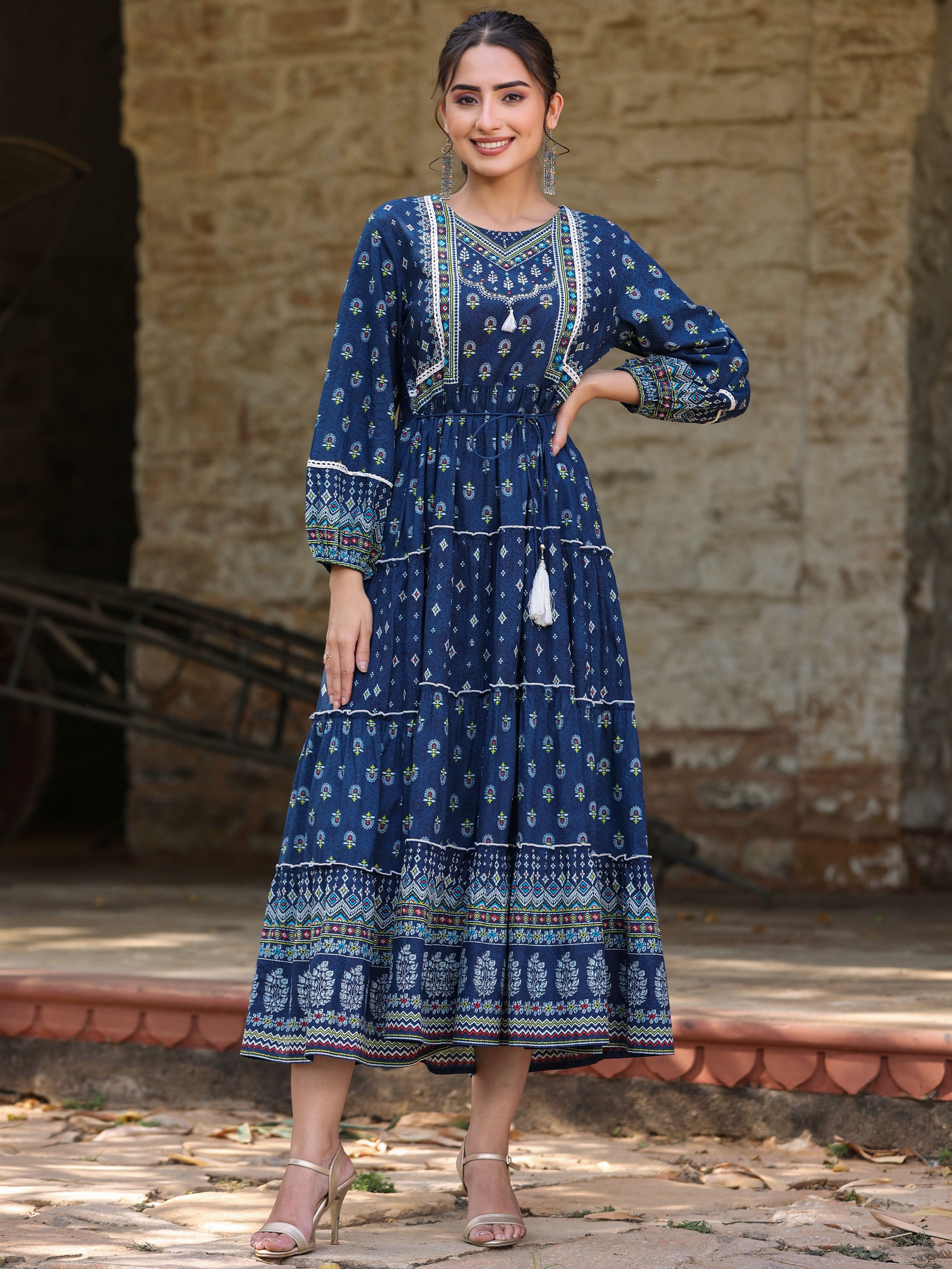 Juniper Navy Blue Ethnic Motif Printed Pure Cotton Tiered Maxi Dress