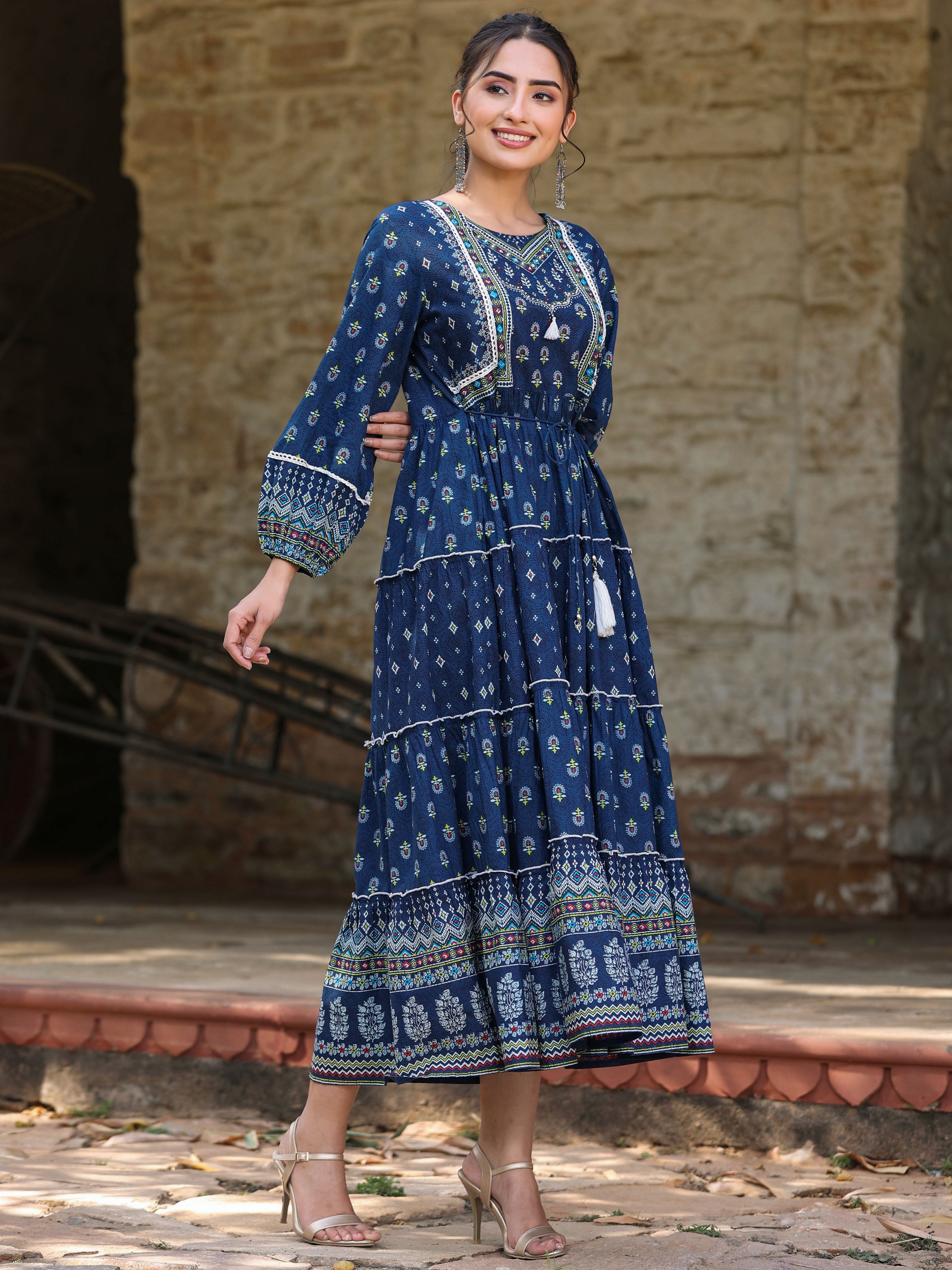 Juniper Navy Blue Ethnic Motif Printed Pure Cotton Tiered Maxi Dress