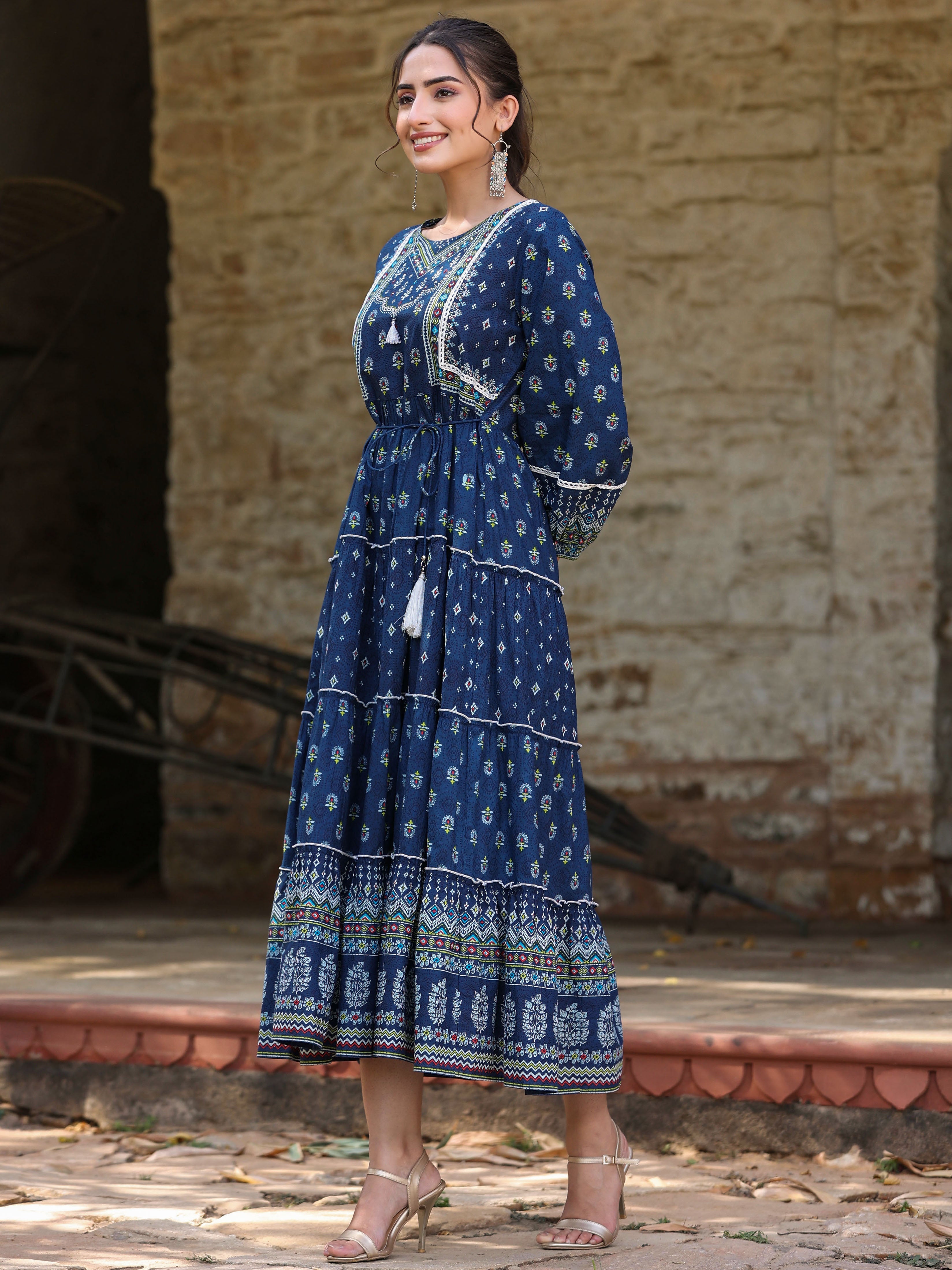 Juniper Navy Blue Ethnic Motif Printed Pure Cotton Tiered Maxi Dress