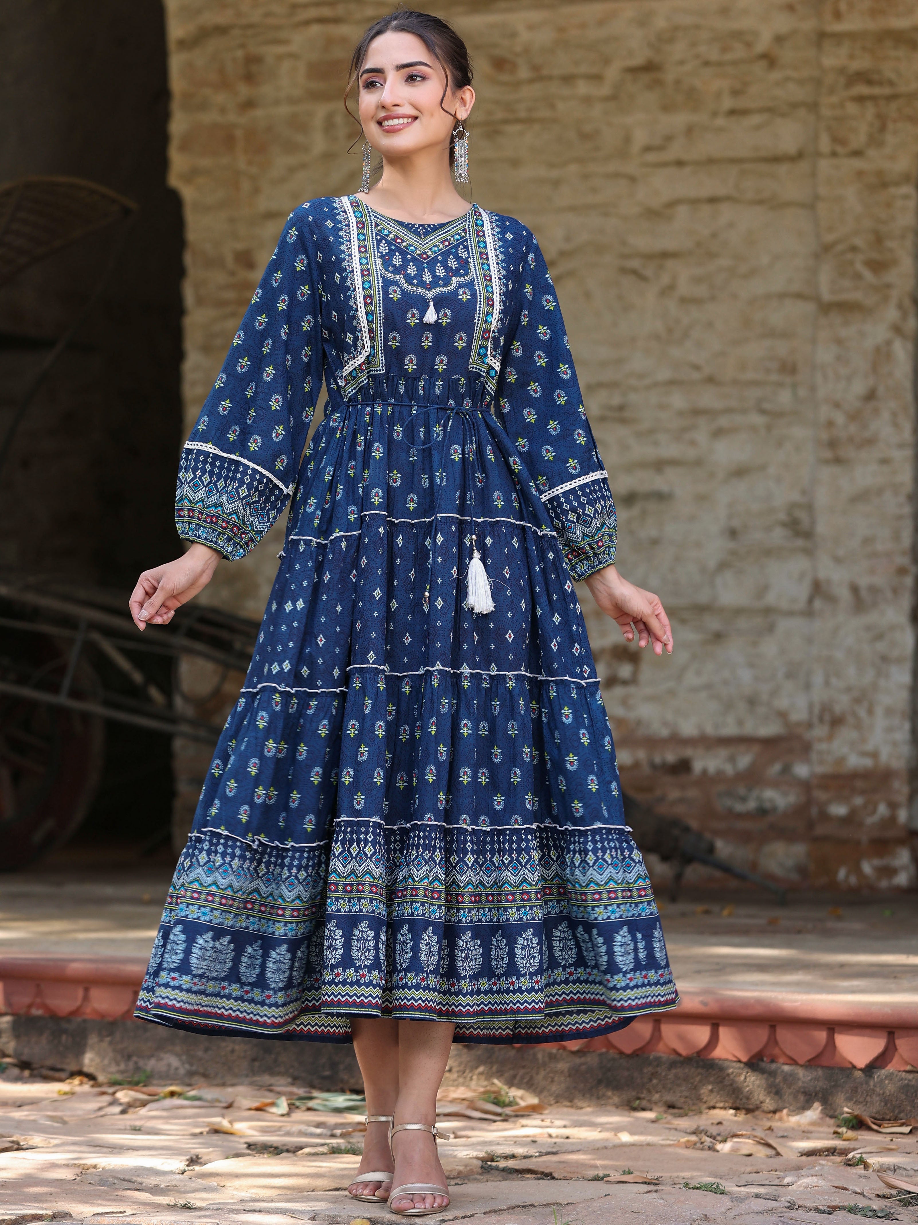 Juniper Navy Blue Ethnic Motif Printed Pure Cotton Tiered Maxi Dress
