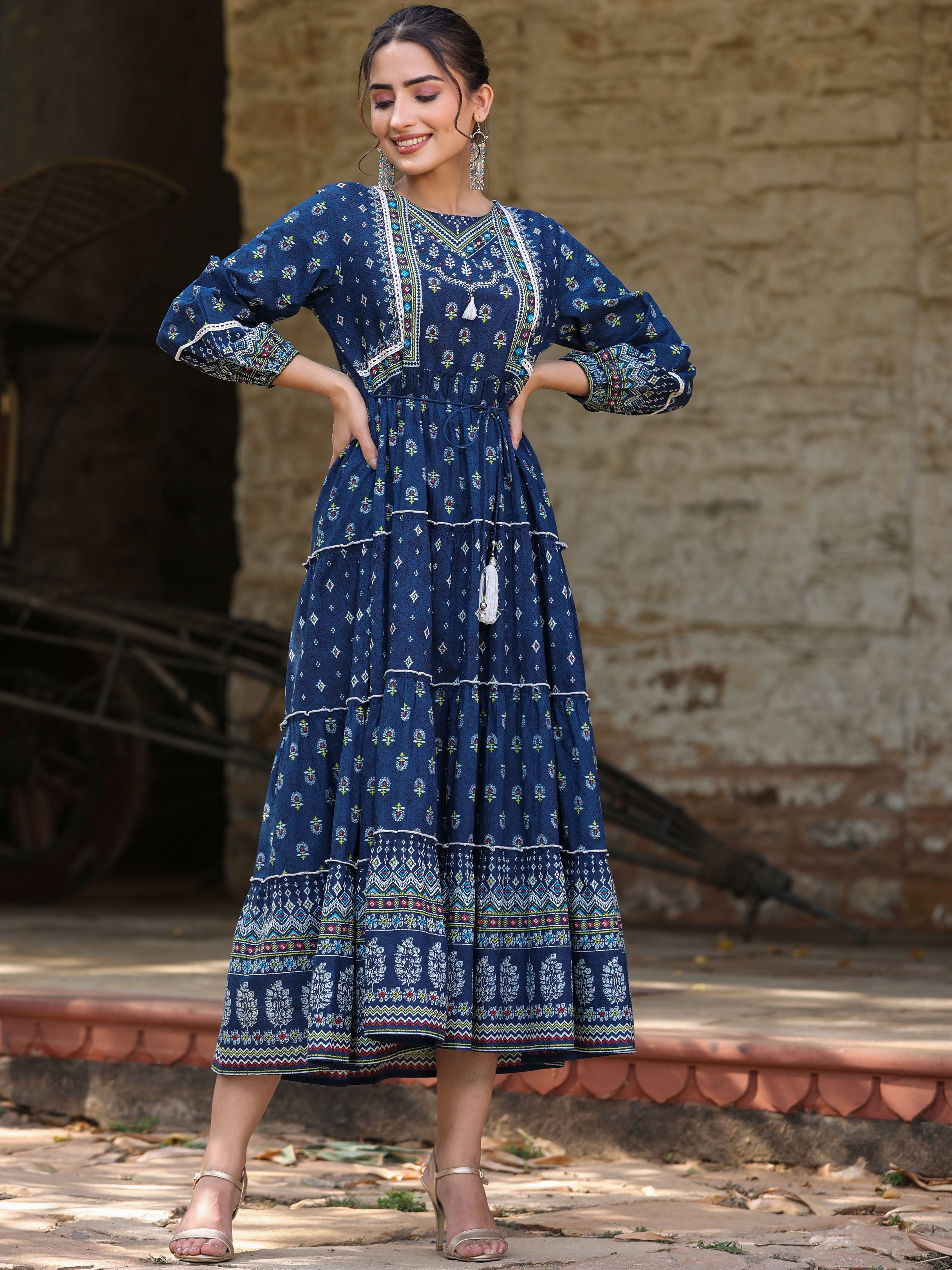 Juniper Navy Blue Ethnic Motif Printed Pure Cotton Tiered Maxi Dress