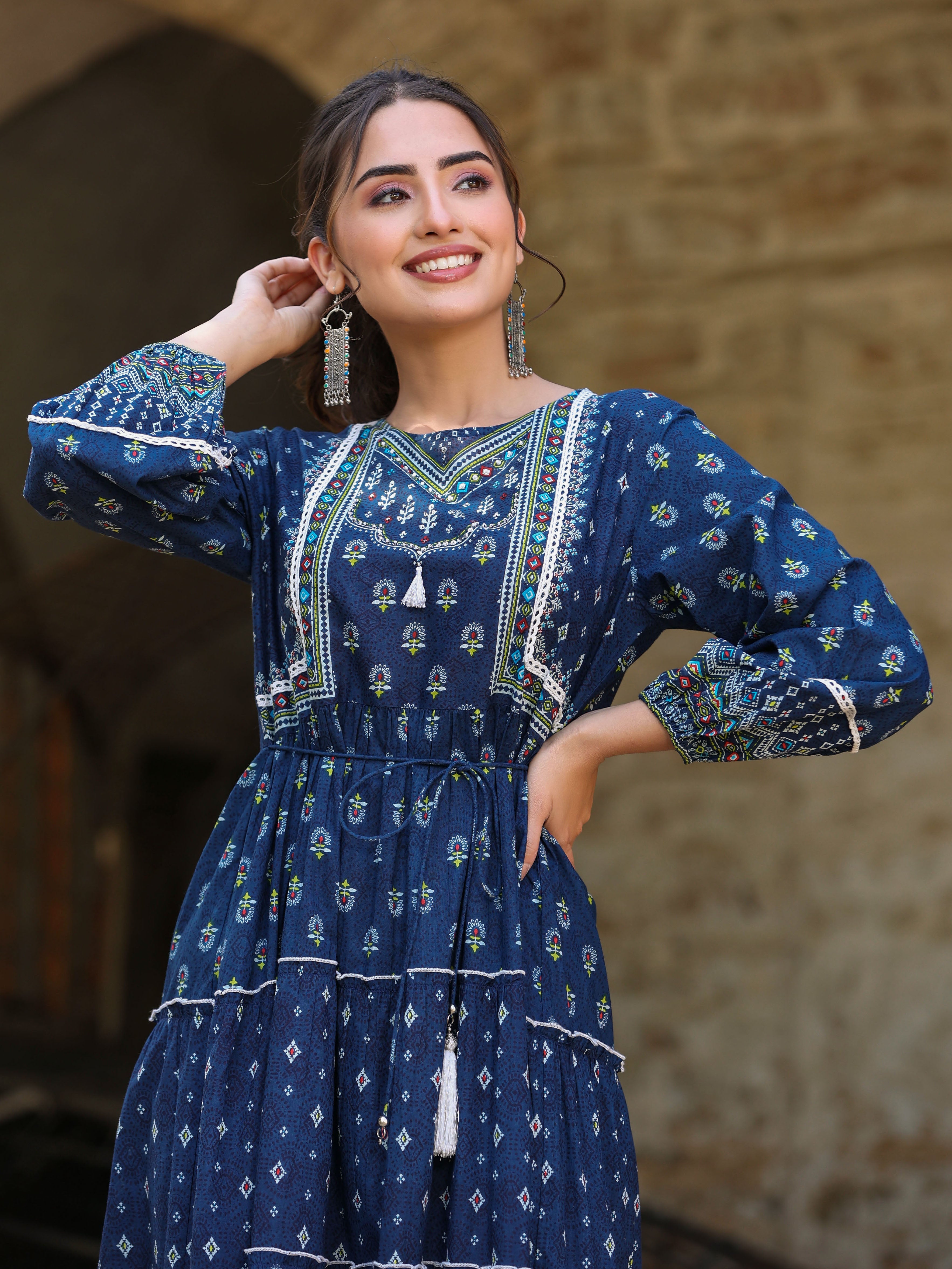 Juniper Navy Blue Ethnic Motif Printed Pure Cotton Tiered Maxi Dress