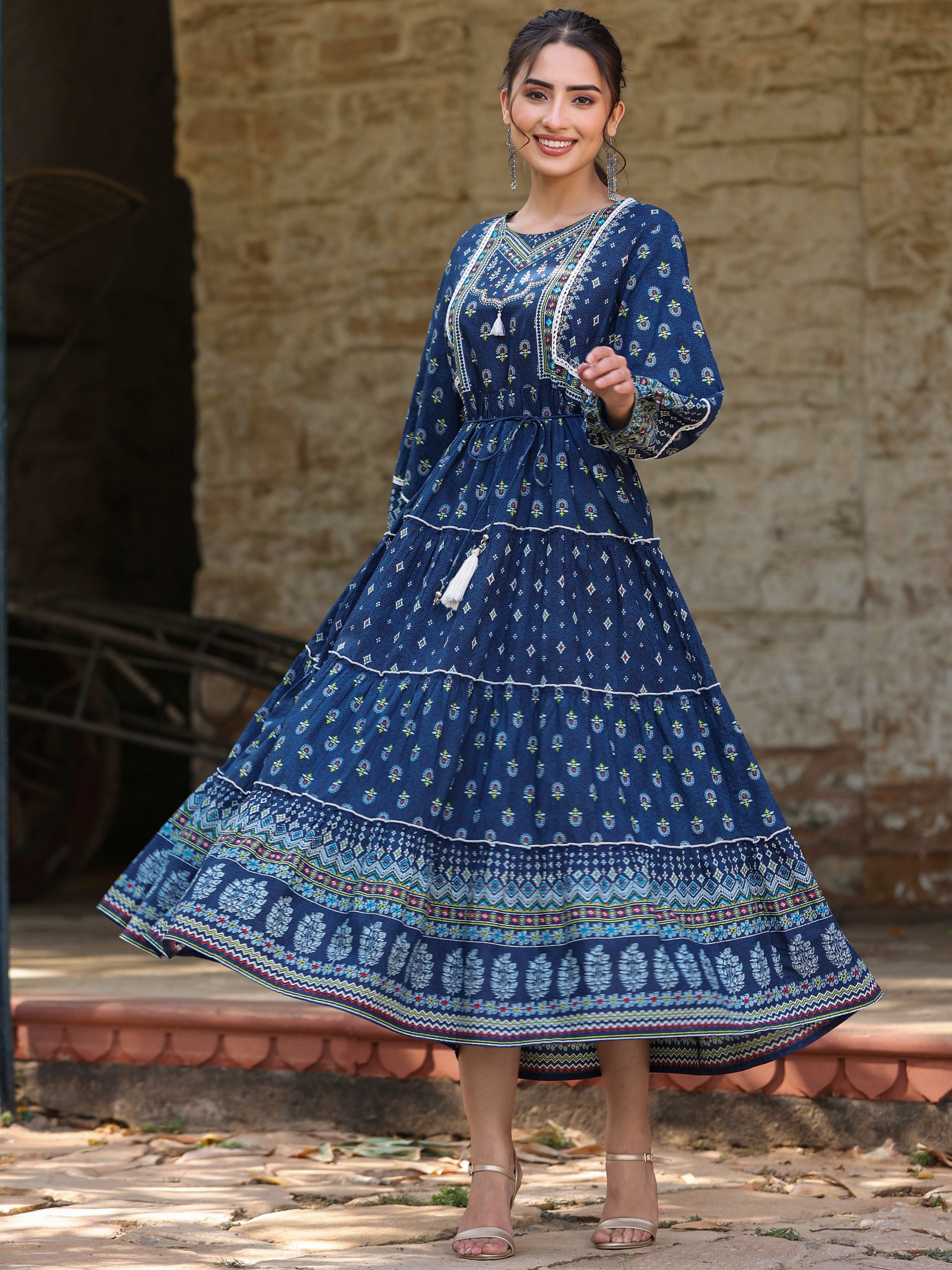 Juniper Navy Blue Ethnic Motif Printed Pure Cotton Tiered Maxi Dress