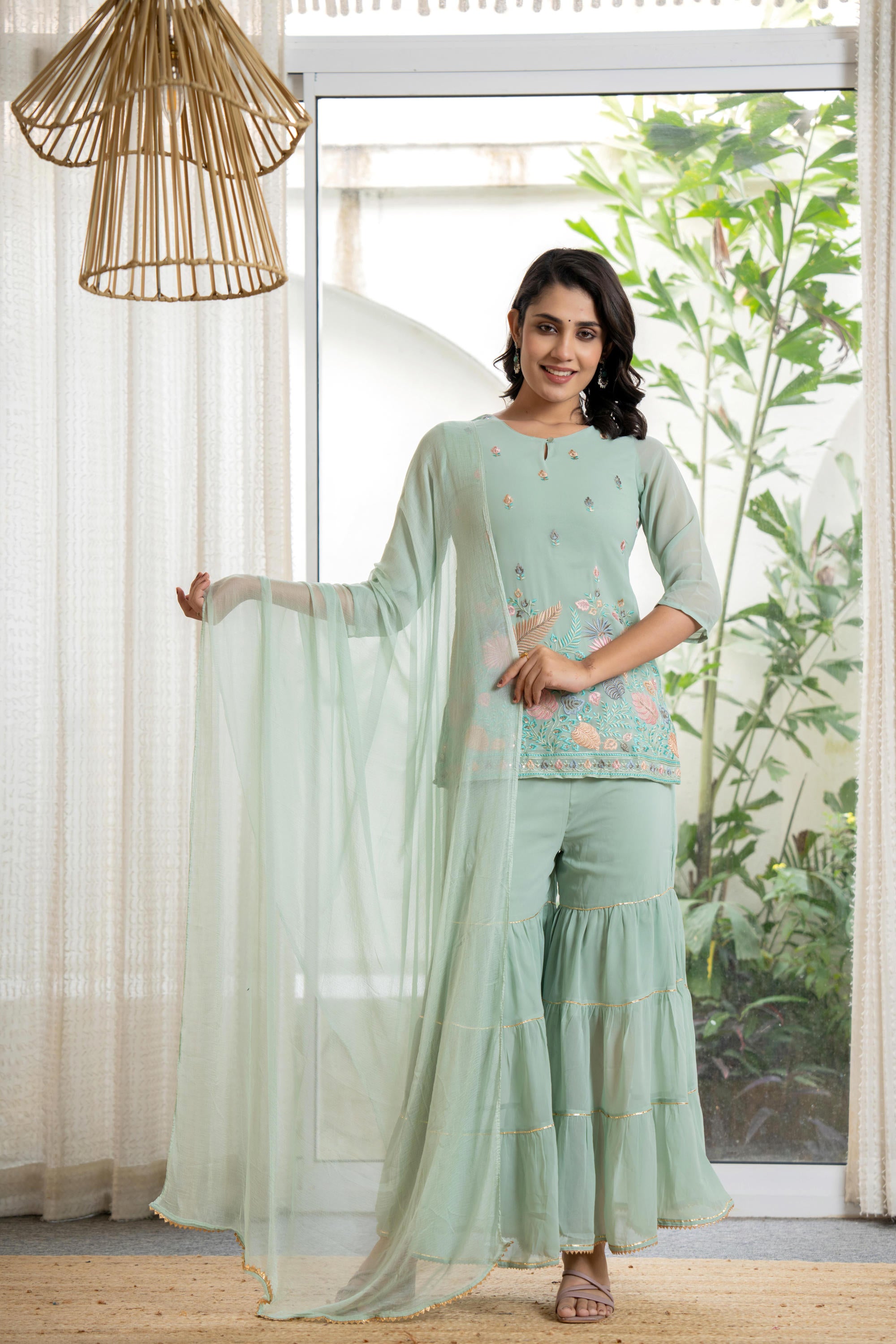 Green Thread Embroidered Georgette Tunic Sharara & Dupatta Set With Sequins & Lace