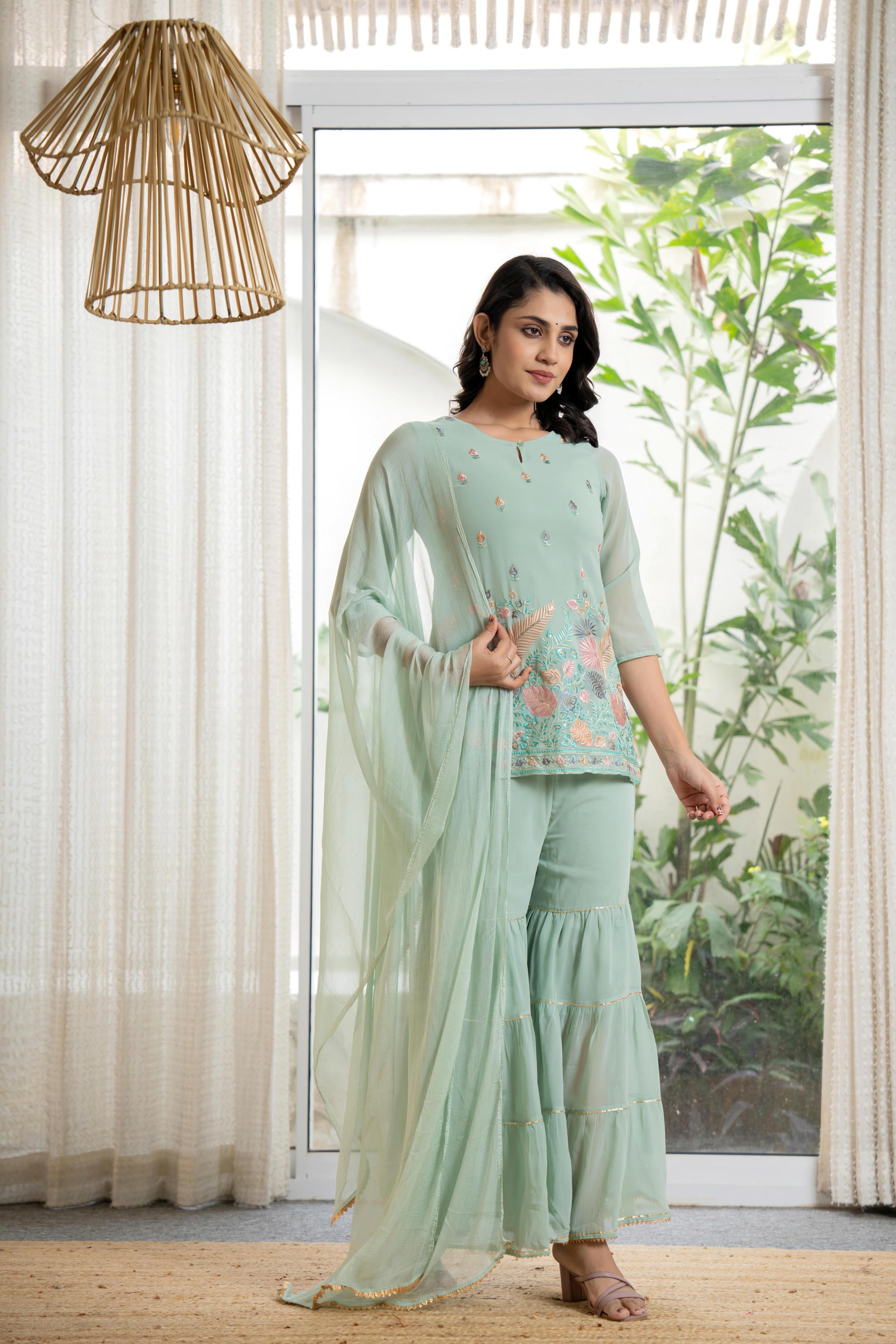 Green Thread Embroidered Georgette Tunic Sharara & Dupatta Set With Sequins & Lace