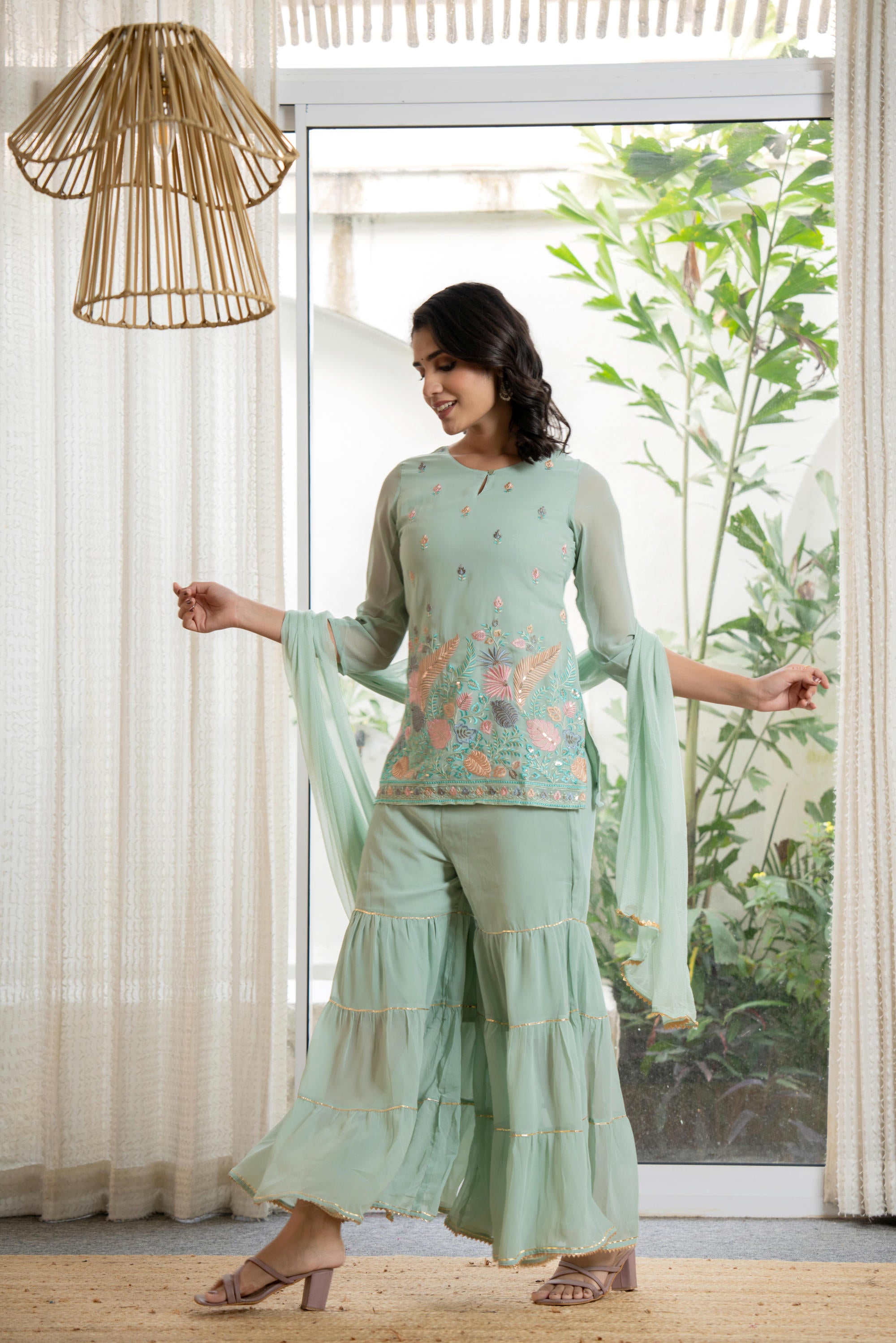 Green Thread Embroidered Georgette Tunic Sharara & Dupatta Set With Sequins & Lace