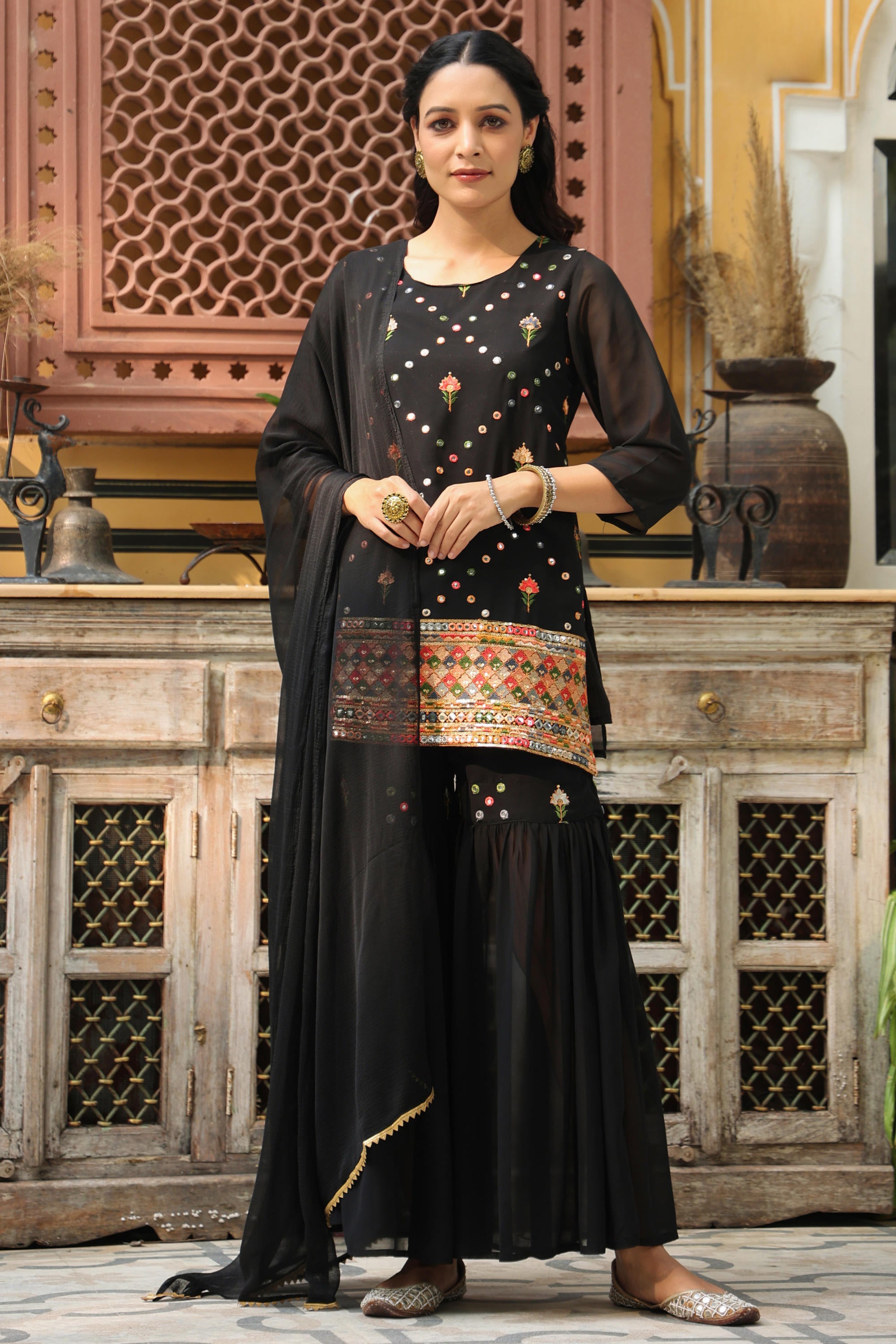 Black Soild Georgette Tunic Sharara & Dupatta With With Thread & Mirror Work