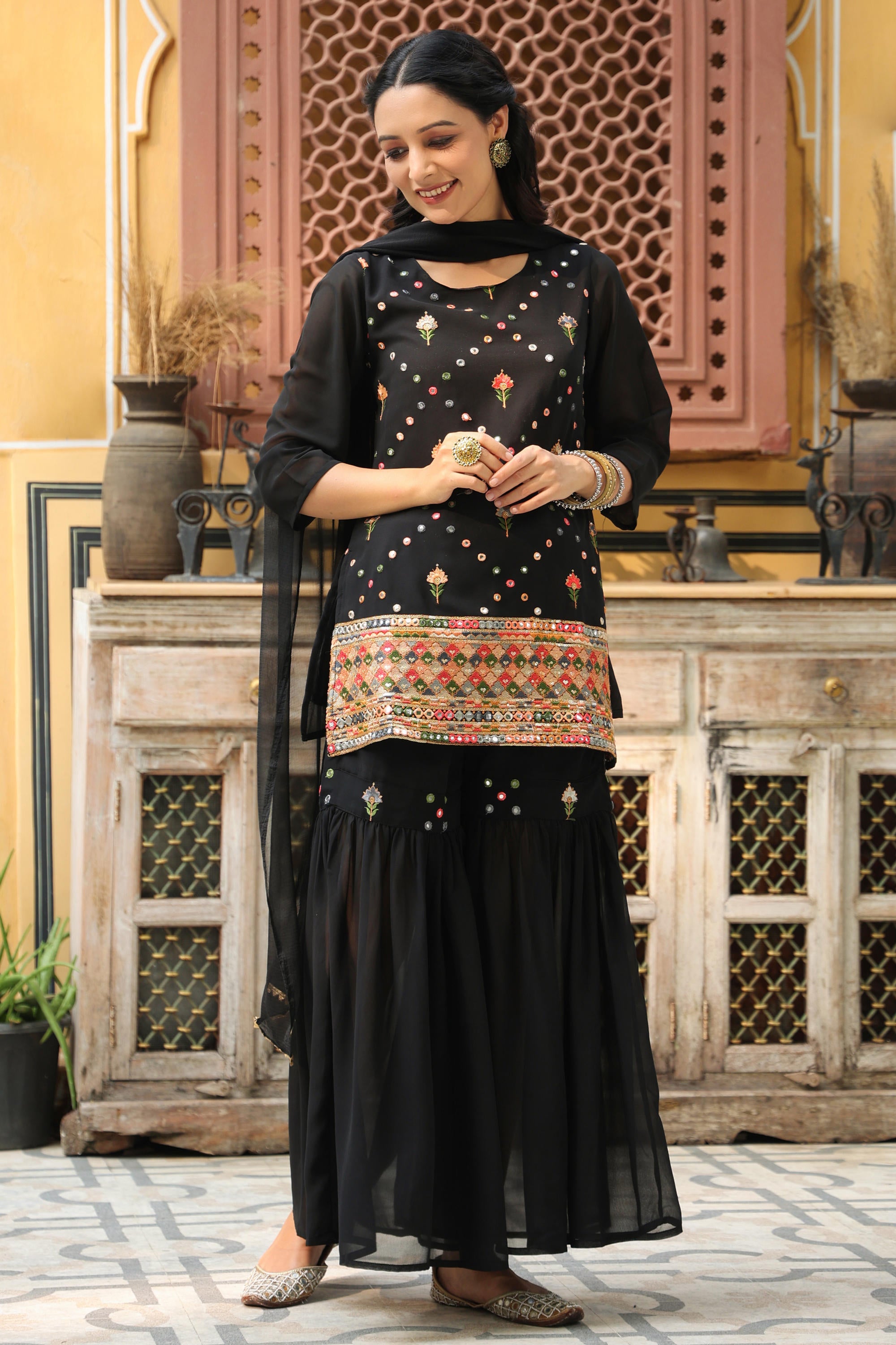 Black Soild Georgette Tunic Sharara & Dupatta With With Thread & Mirror Work