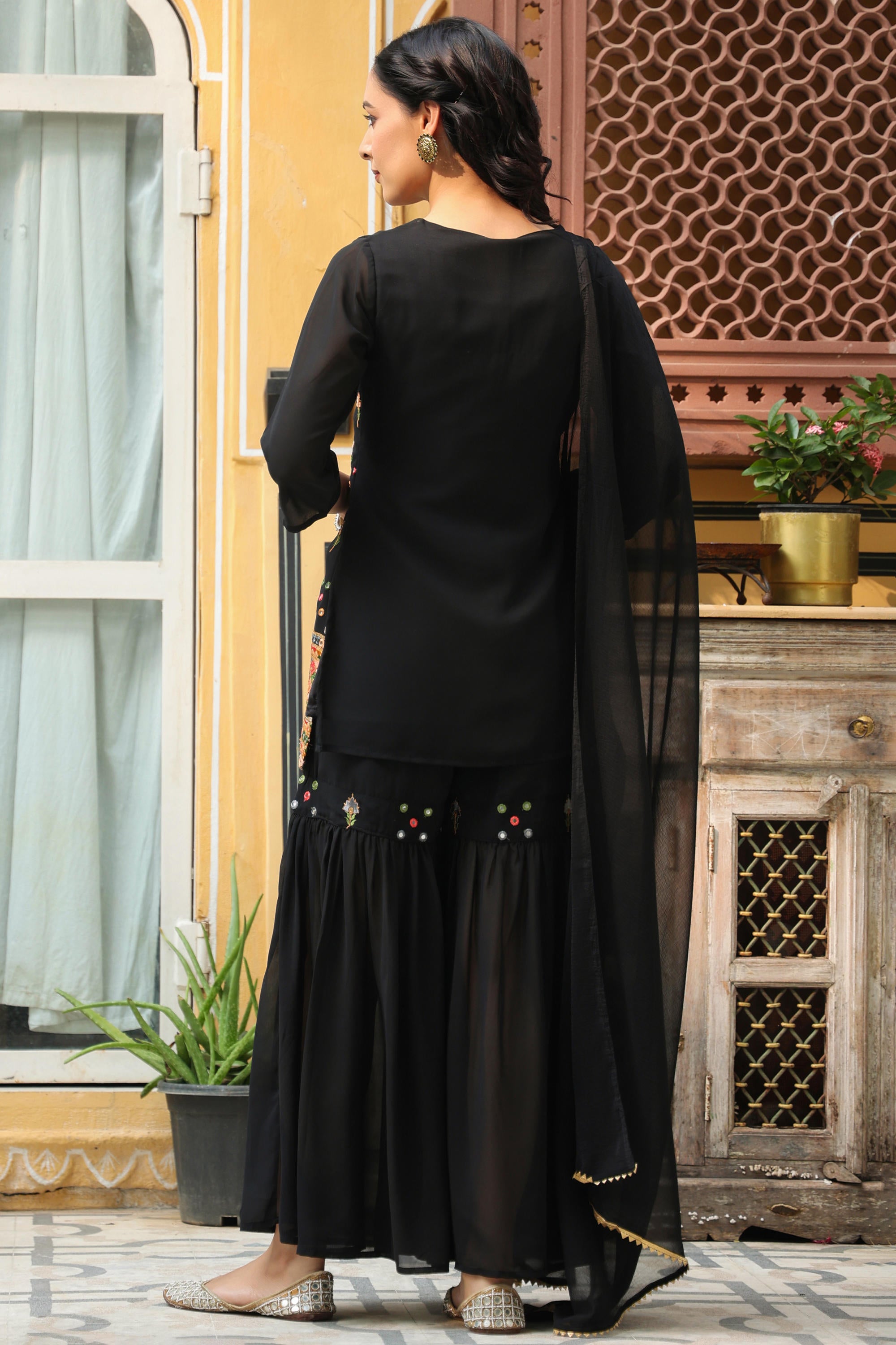 Black Soild Georgette Tunic Sharara & Dupatta With With Thread & Mirror Work