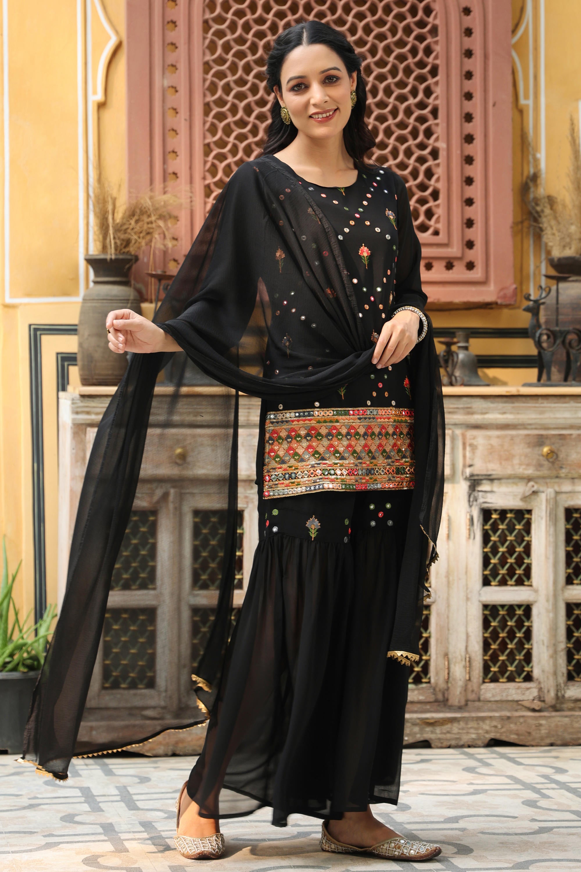 Black Soild Georgette Tunic Sharara & Dupatta With With Thread & Mirror Work