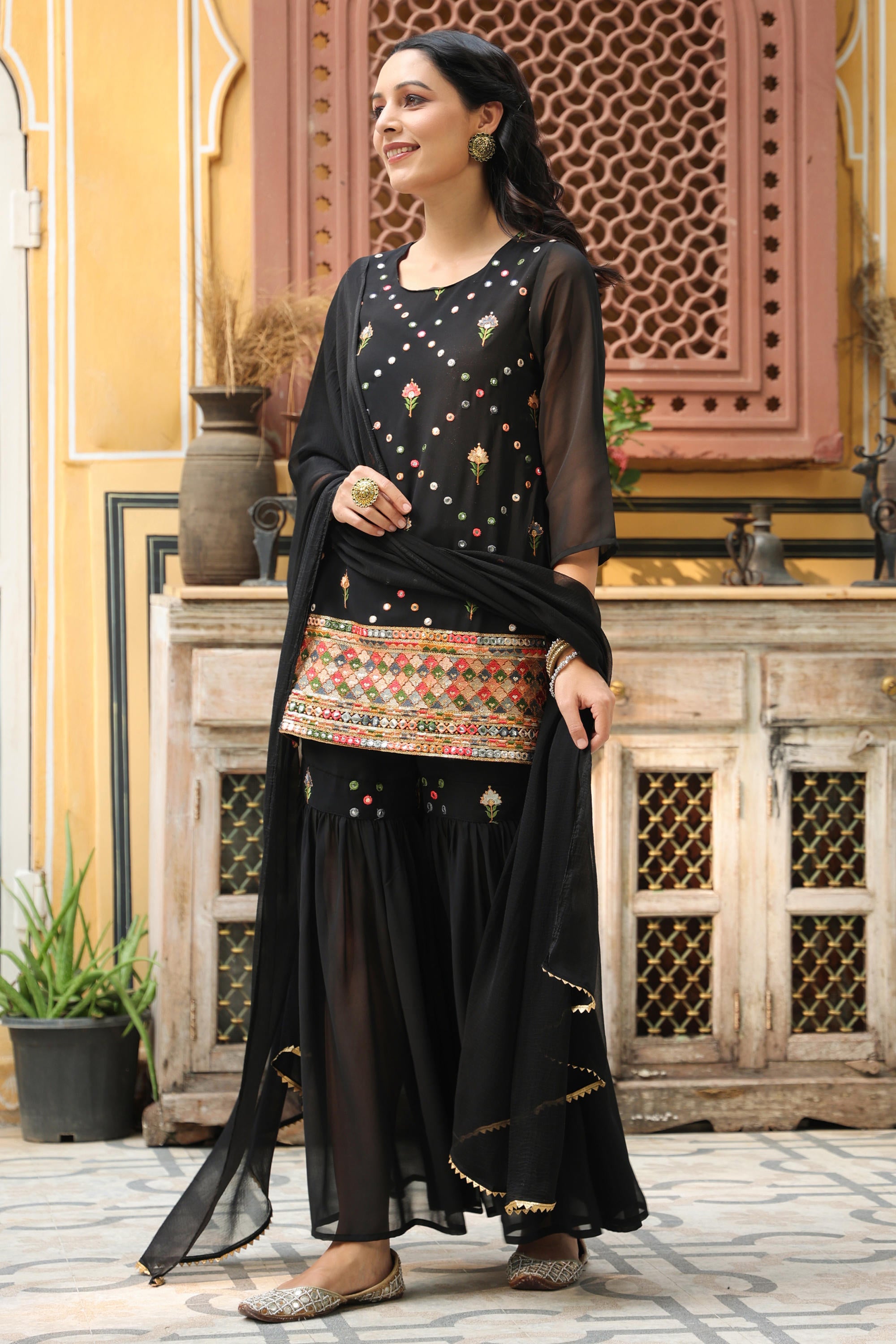 Black Soild Georgette Tunic Sharara & Dupatta With With Thread & Mirror Work