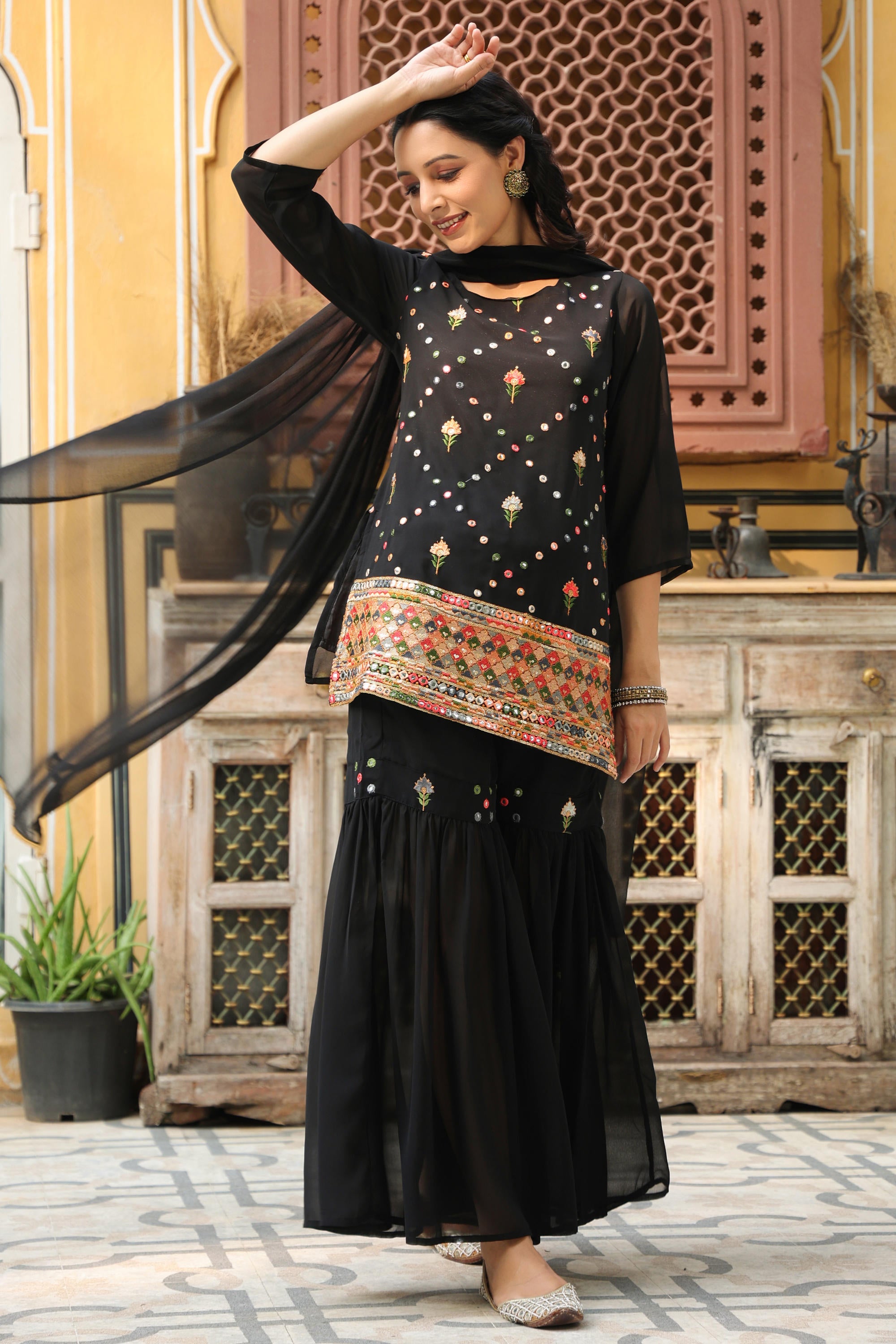 Black Soild Georgette Tunic Sharara & Dupatta With With Thread & Mirror Work