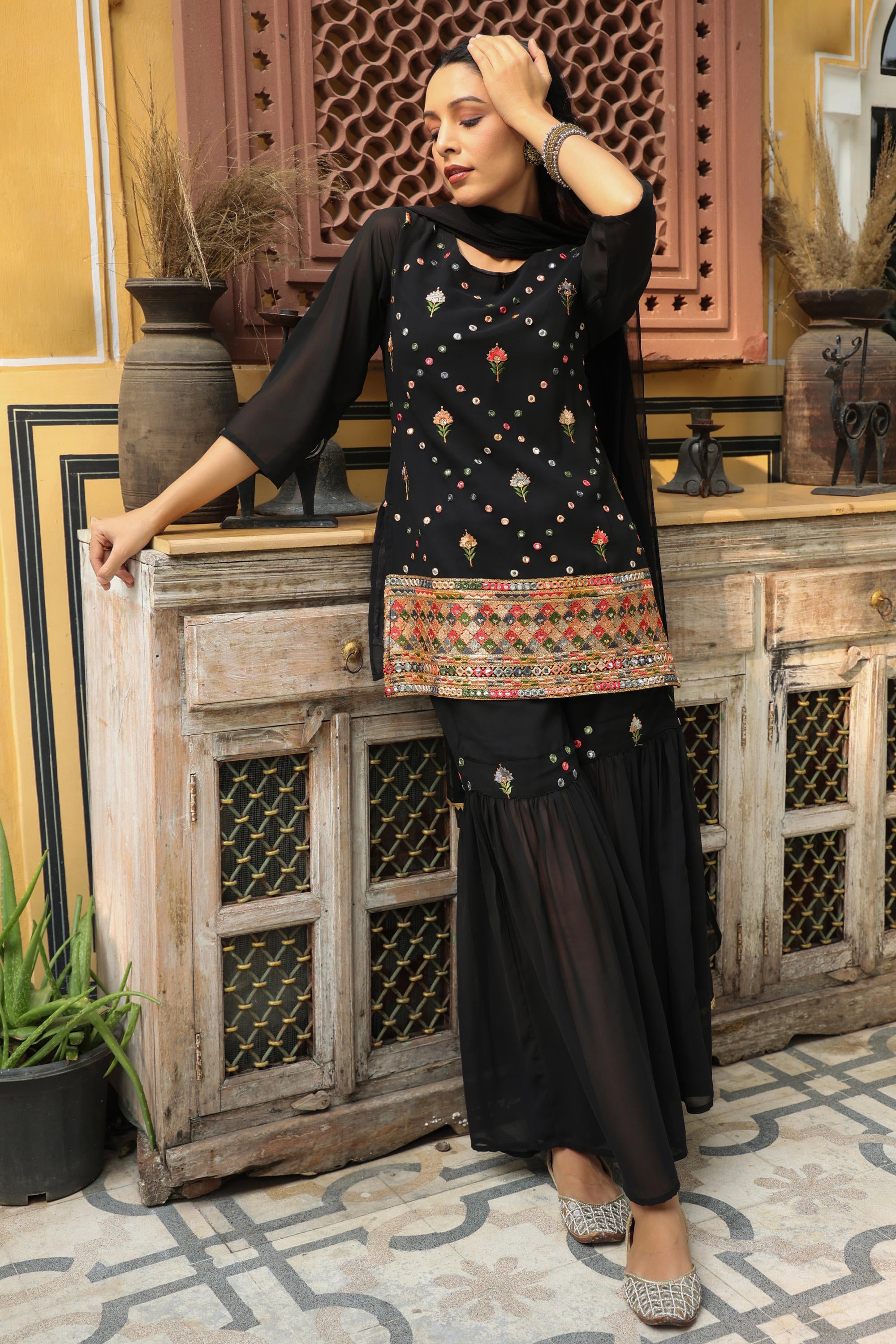 Black Soild Georgette Tunic Sharara & Dupatta With With Thread & Mirror Work