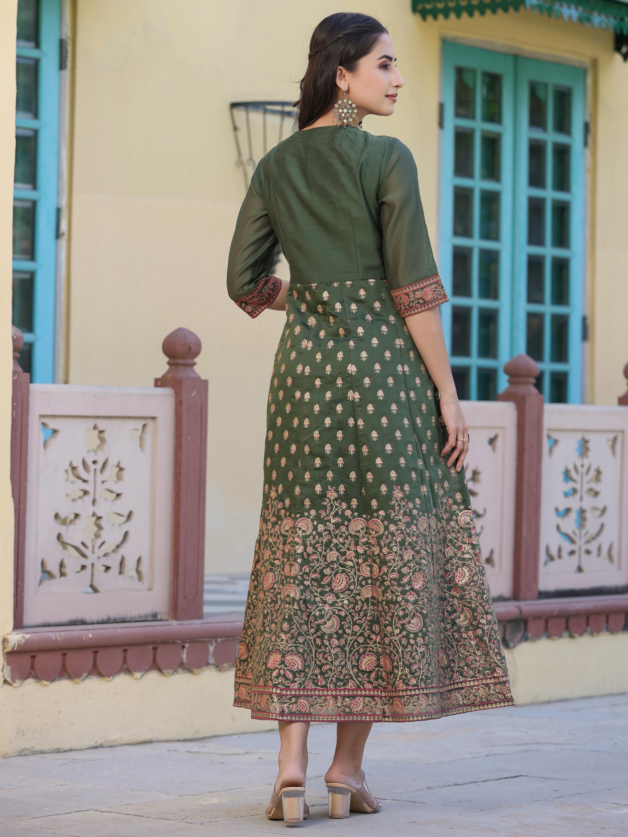 Olive Green Ethnic Motif Printed Chanderi Dress With Sequins & Zari Wo Olive Green Ethnic Motif Printed Chanderi Dress With Sequins & Zari Wo