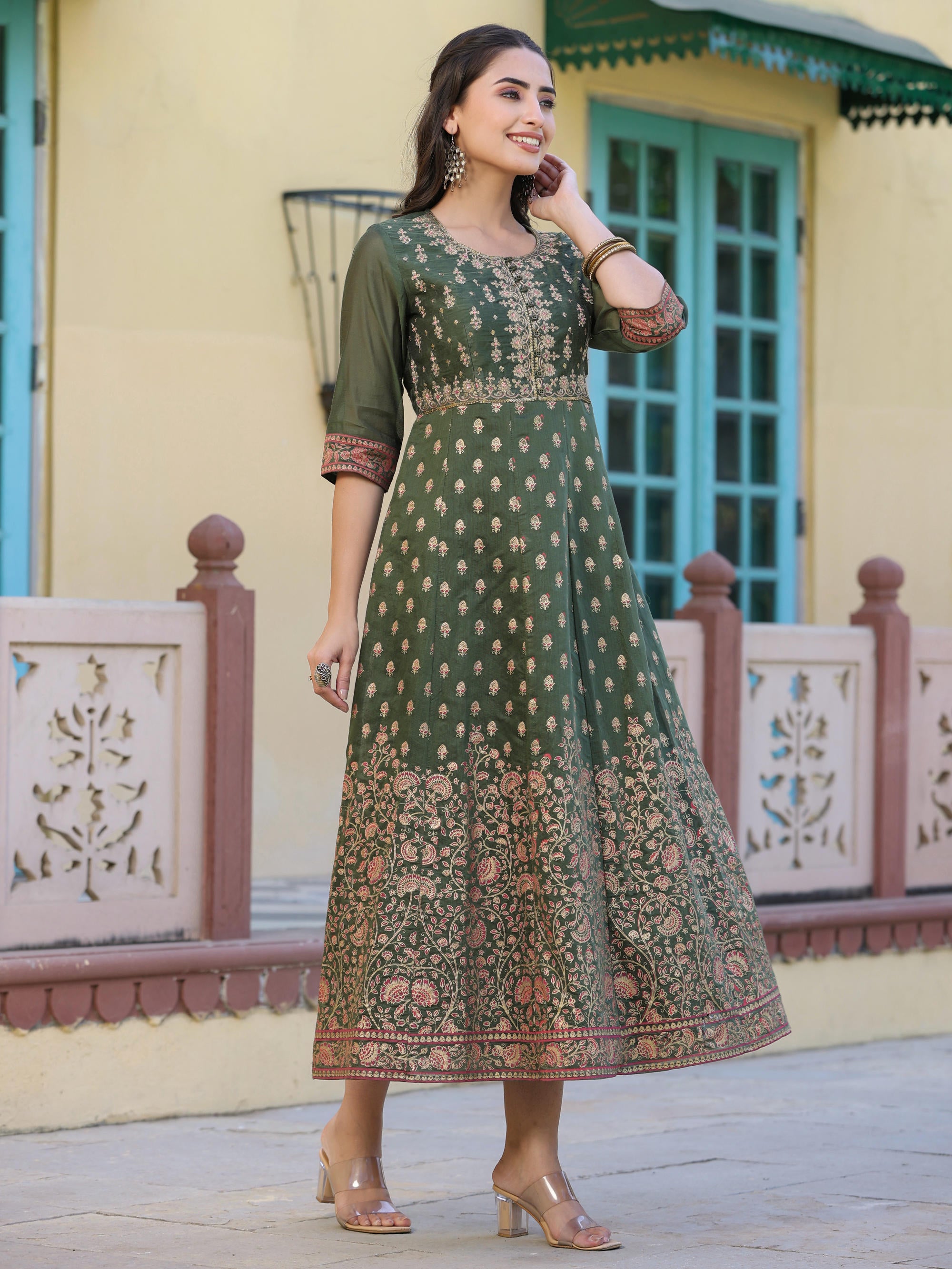 Olive Green Ethnic Motif Printed Chanderi Dress With Sequins & Zari Work