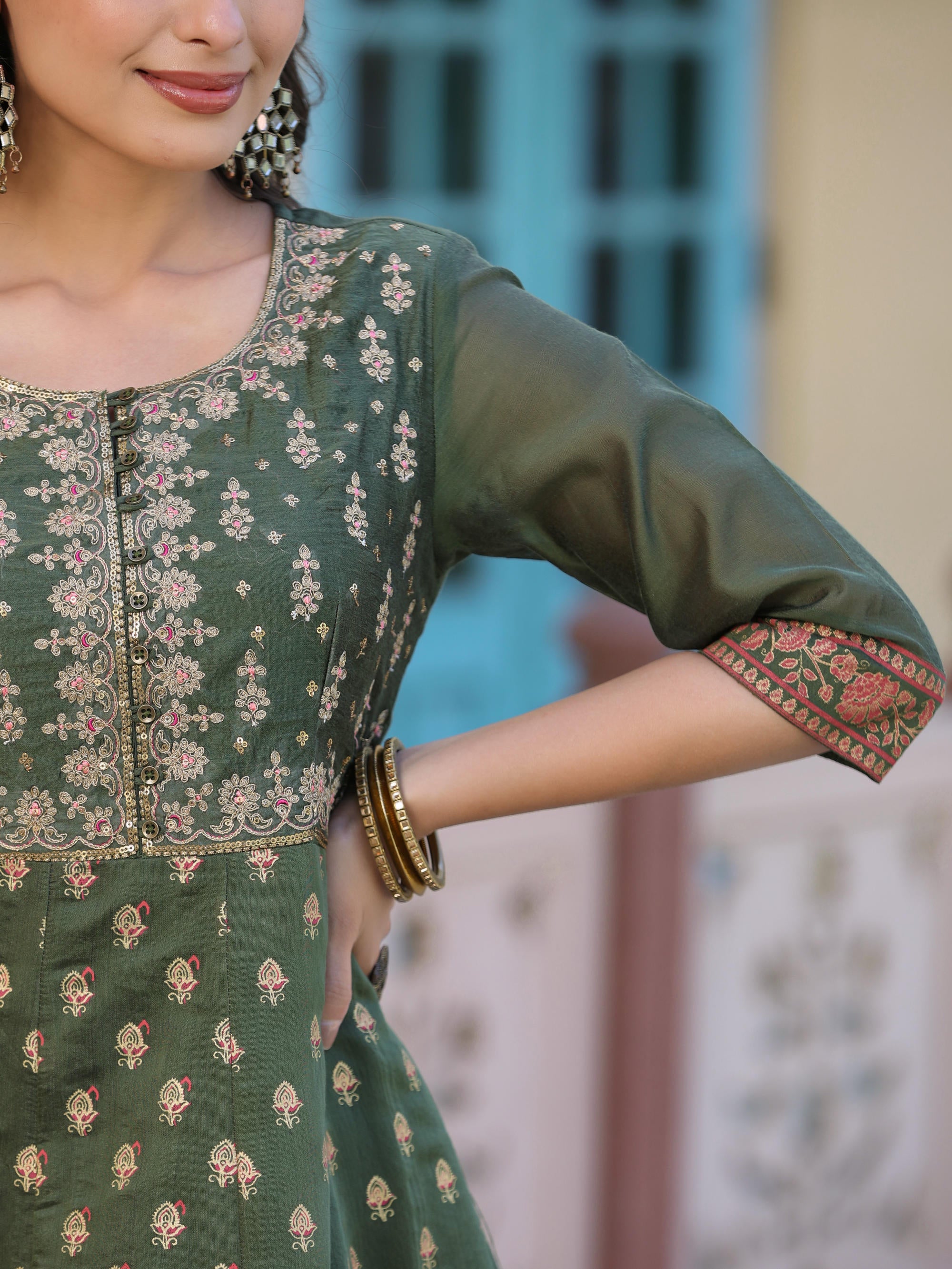 Olive Green Ethnic Motif Printed Chanderi Dress With Sequins & Zari Work