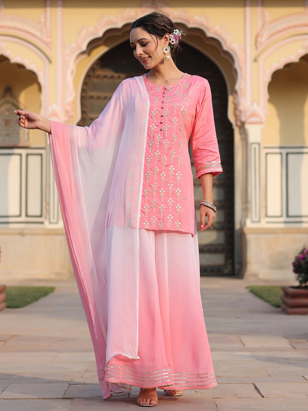 Pink Solid Viscose Kurta Pant & Dupatta With Mirror Work & Gota Patti