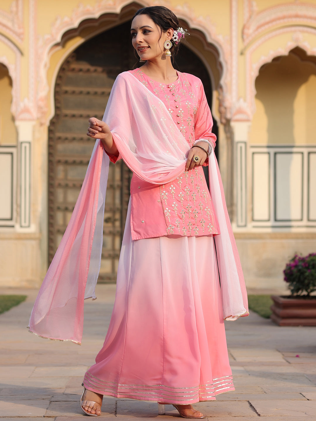 Pink Solid Viscose Kurta Pant & Dupatta With Mirror Work & Gota Patti