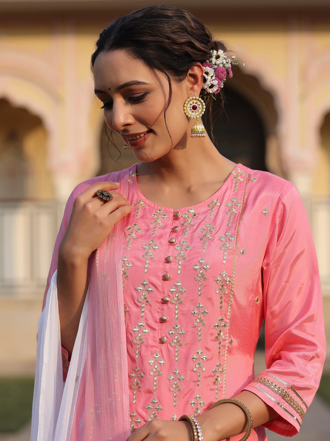 Pink Solid Viscose Kurta Pant & Dupatta With Mirror Work & Gota Patti