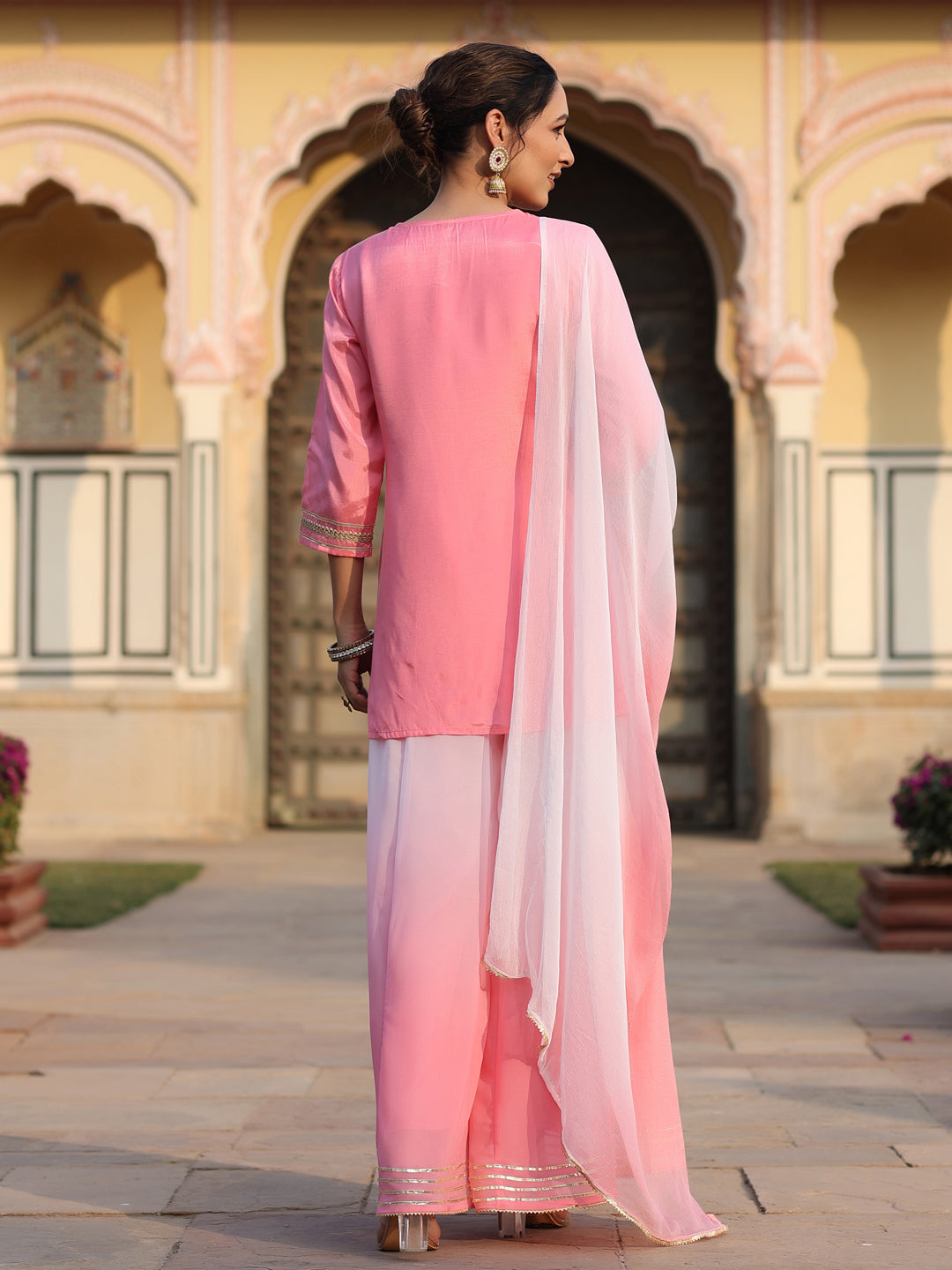 Pink Solid Viscose Kurta Pant & Dupatta With Mirror Work & Gota Patti