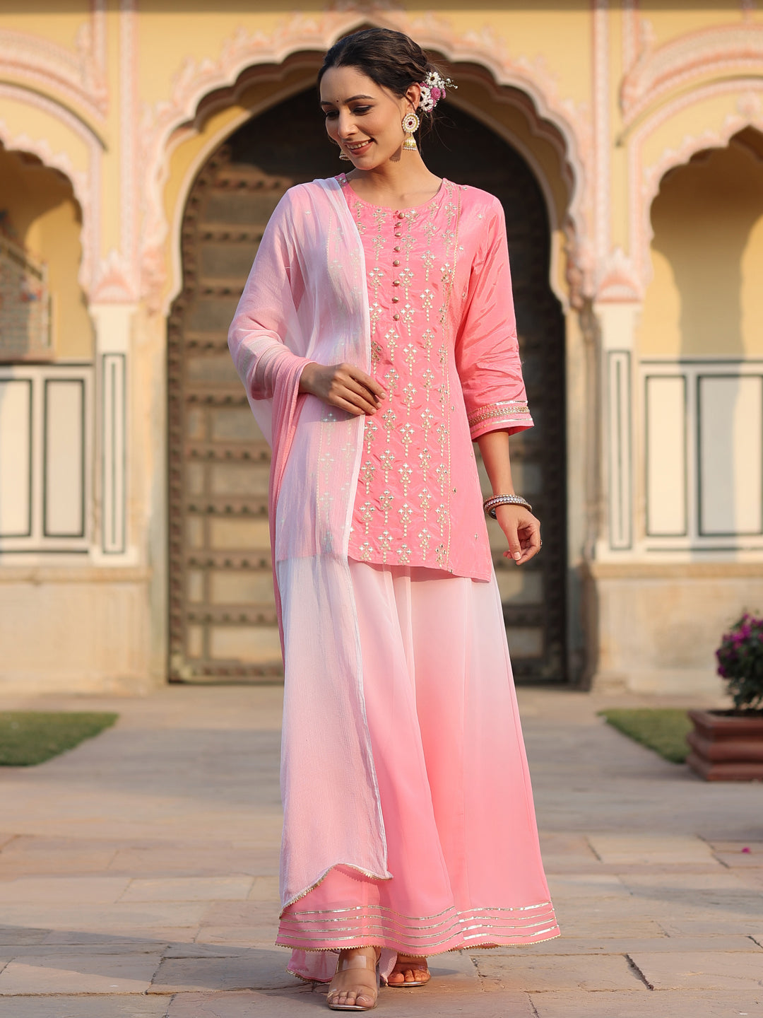 Pink Solid Viscose Kurta Pant & Dupatta With Mirror Work & Gota Patti