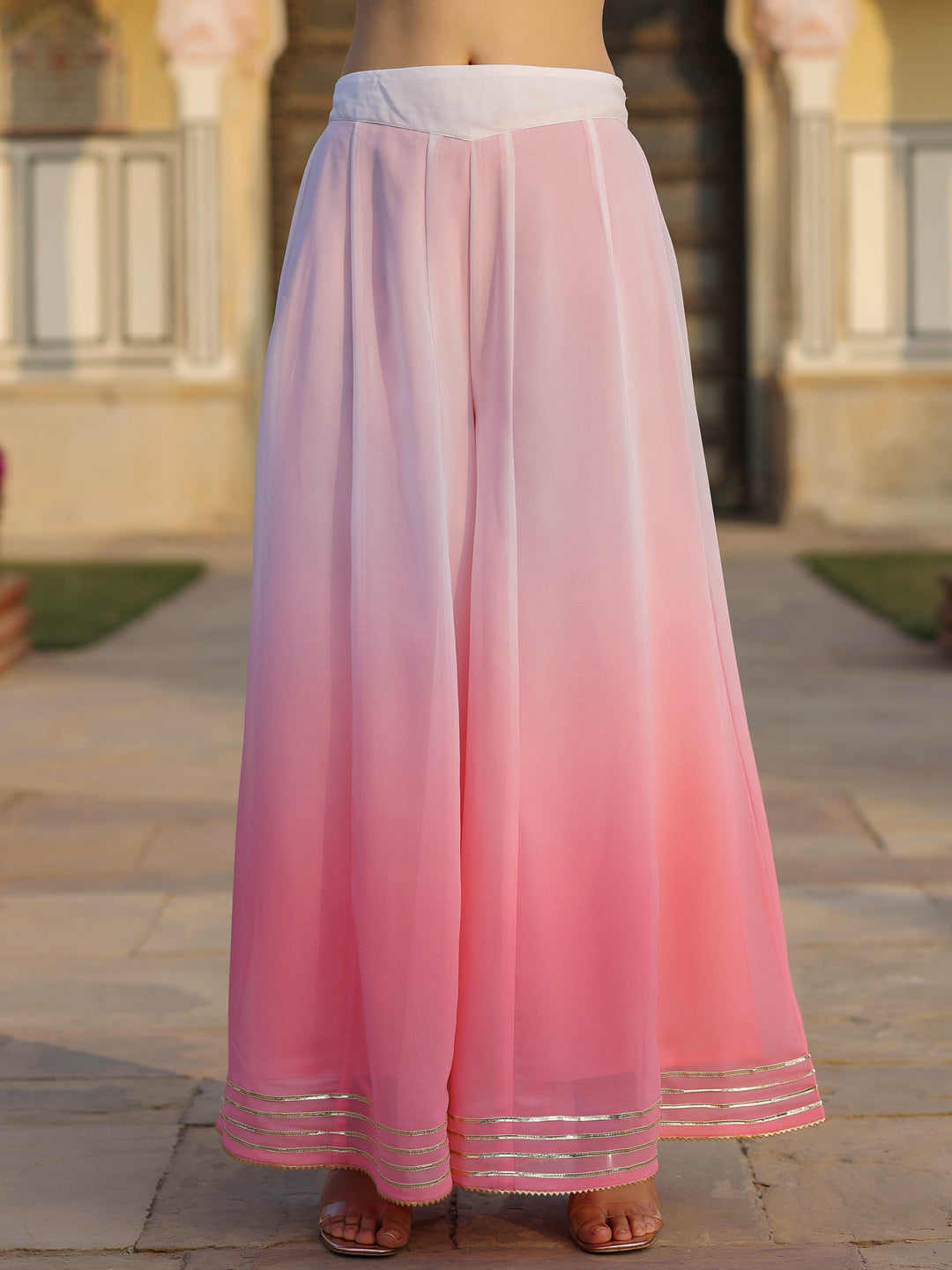 Pink Solid Viscose Kurta Pant & Dupatta With Mirror Work & Gota Patti