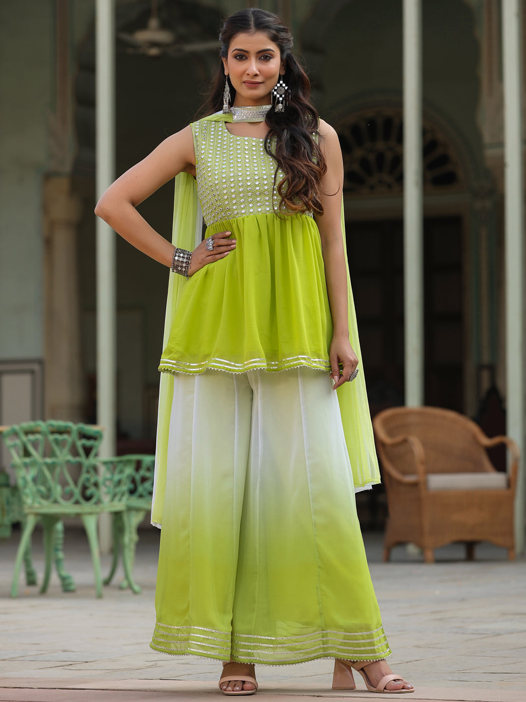 Green Solid Georgette Kurta Pant & Dupatta Set With Mirror & Thread Work