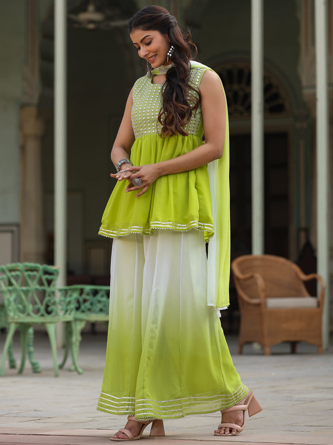 Green Solid Georgette Kurta Pant & Dupatta Set With Mirror & Thread Work