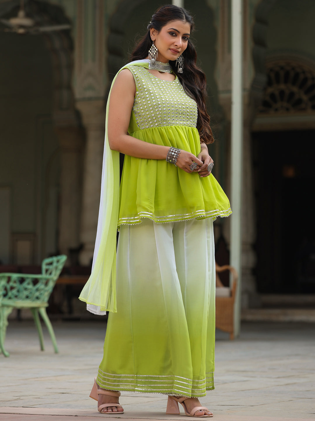 Green Solid Georgette Kurta Pant & Dupatta Set With Mirror & Thread Work