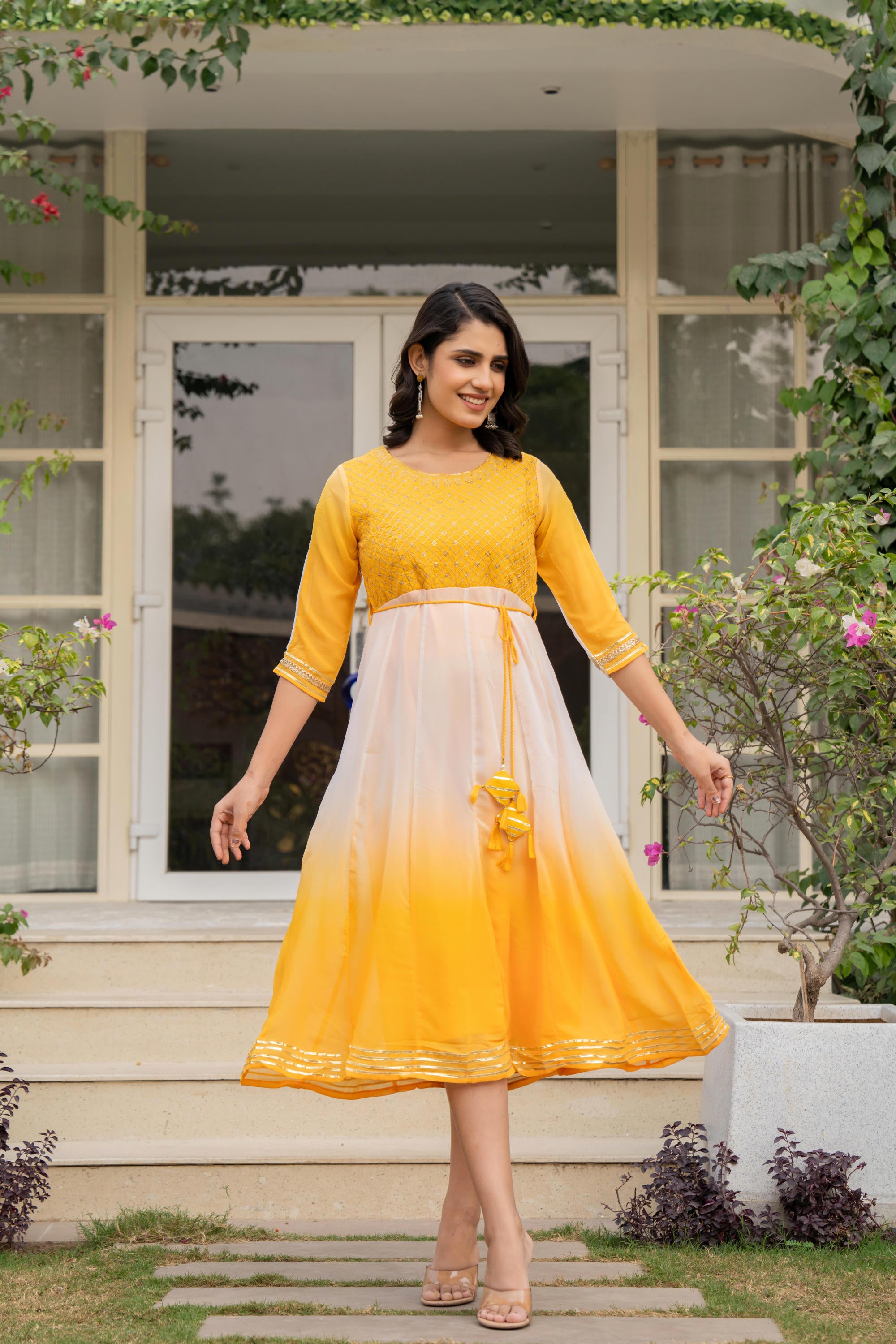 Yellow Printed Georgette Dress With Doris At Waist & Sequins