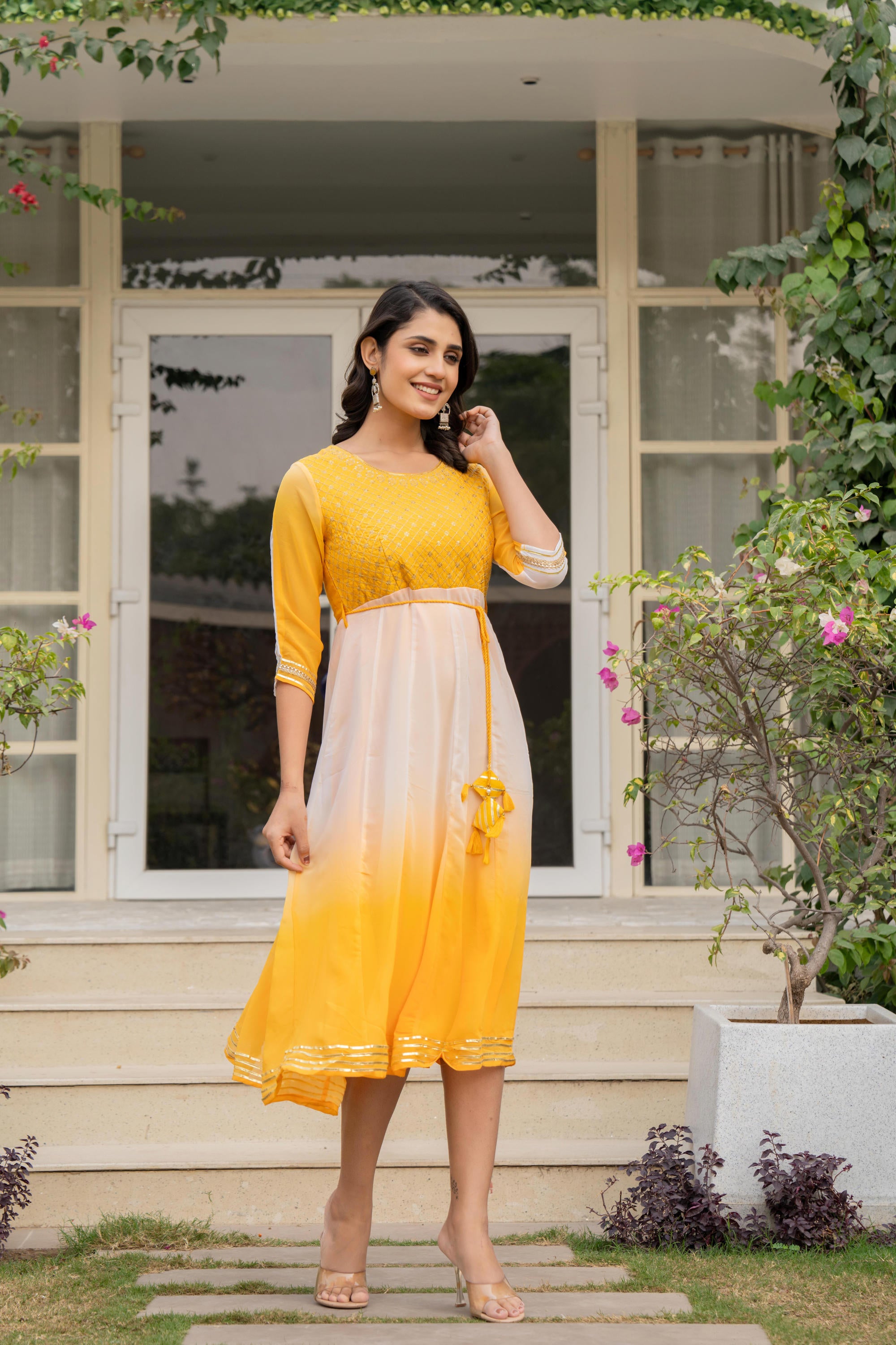 Yellow Printed Georgette Dress With Doris At Waist & Sequins