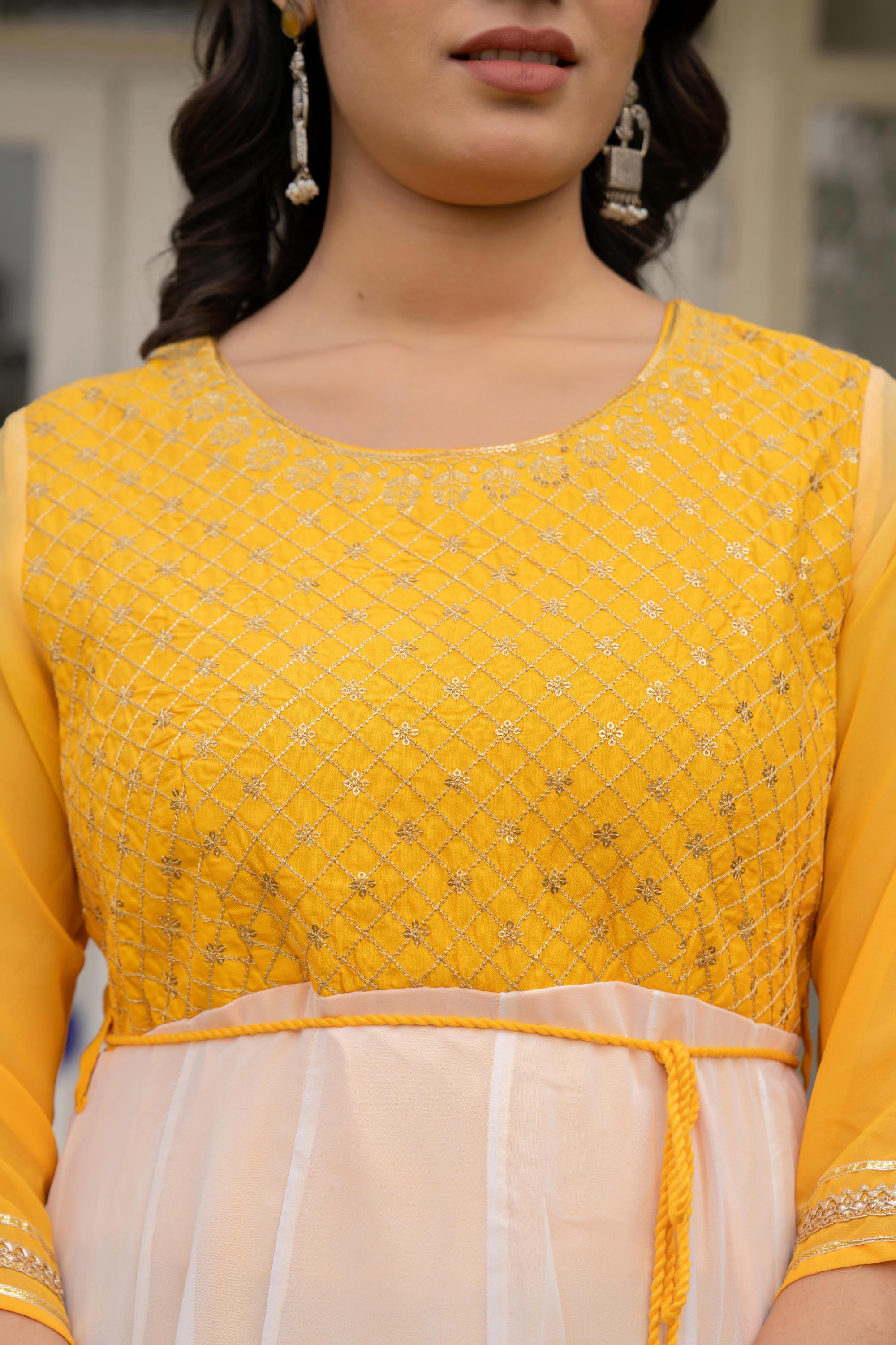 Yellow Printed Georgette Dress With Doris At Waist & Sequins