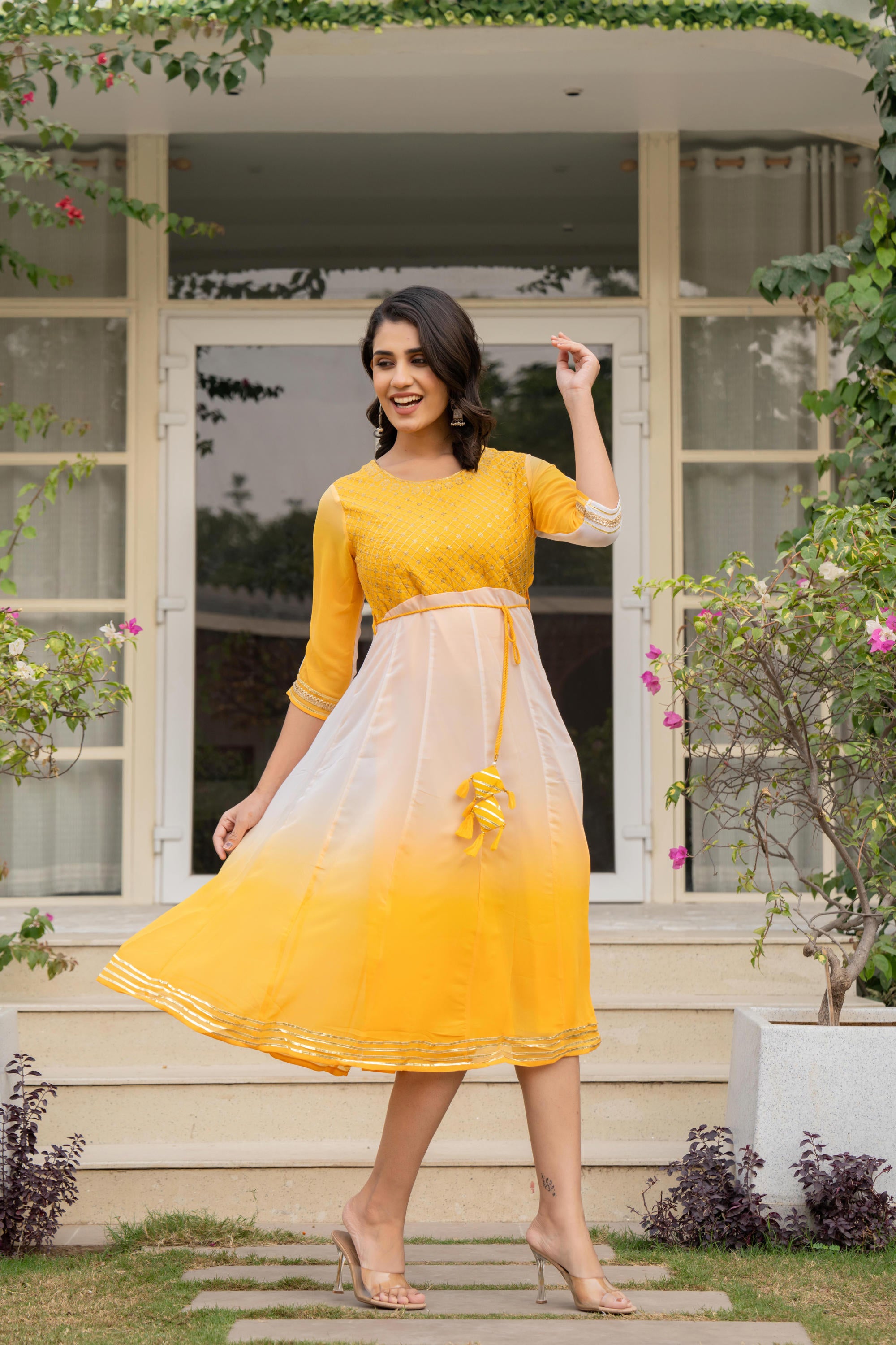 Yellow Printed Georgette Dress With Doris At Waist & Sequins