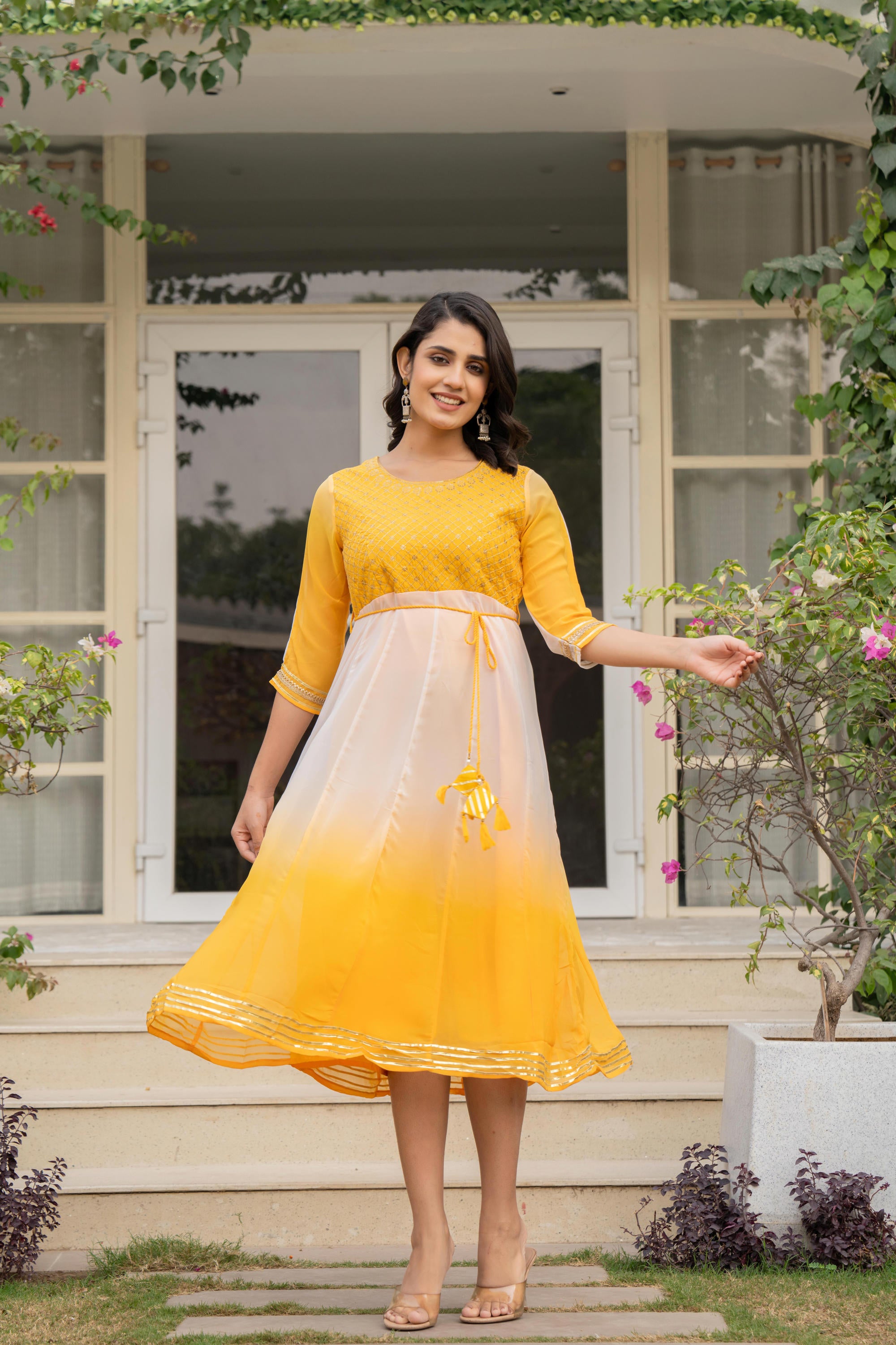 Yellow Printed Georgette Dress With Doris At Waist & Sequins