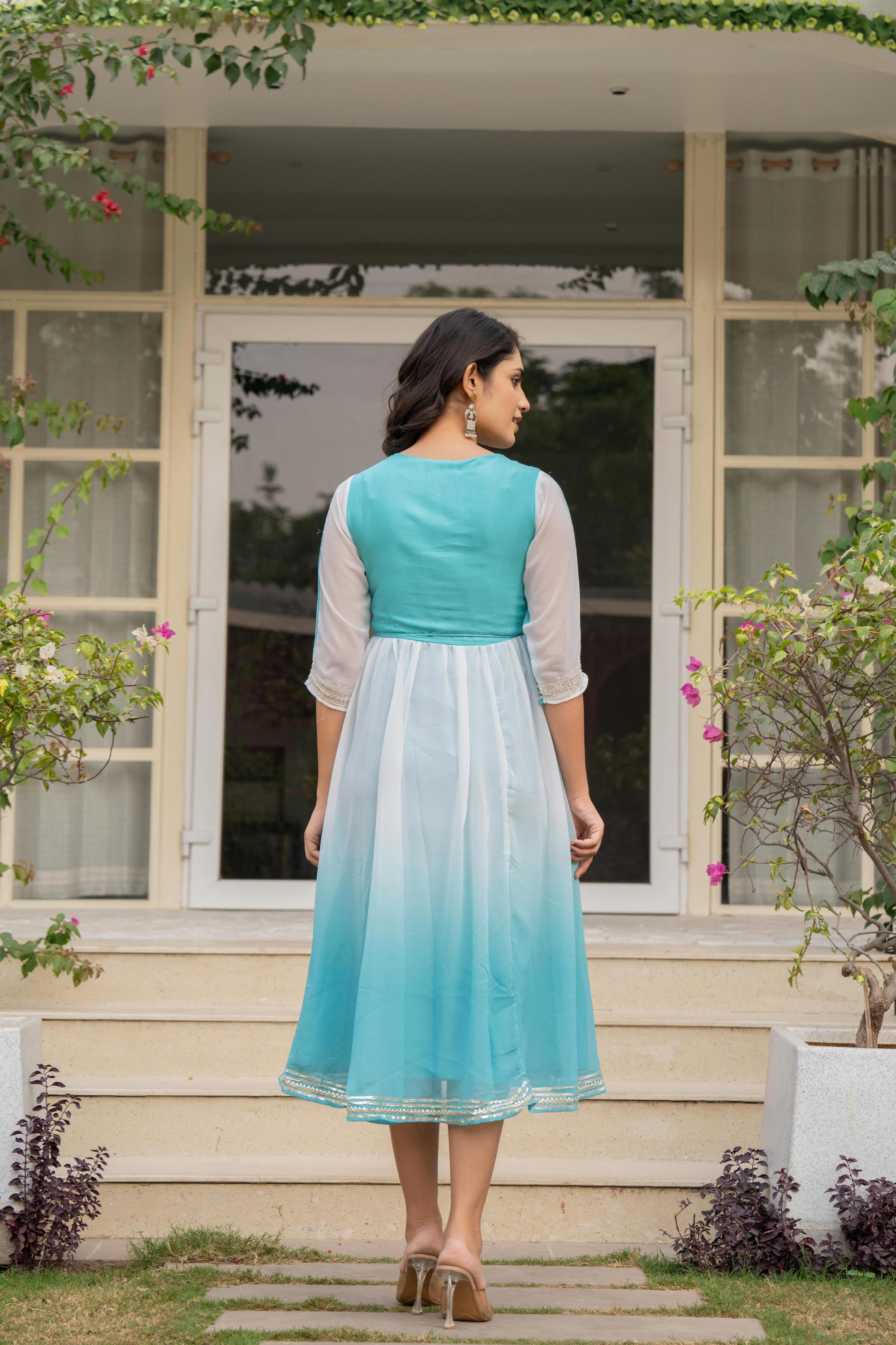 Teal Solid Georgette Dress With Doris At Waist & Mirror Work