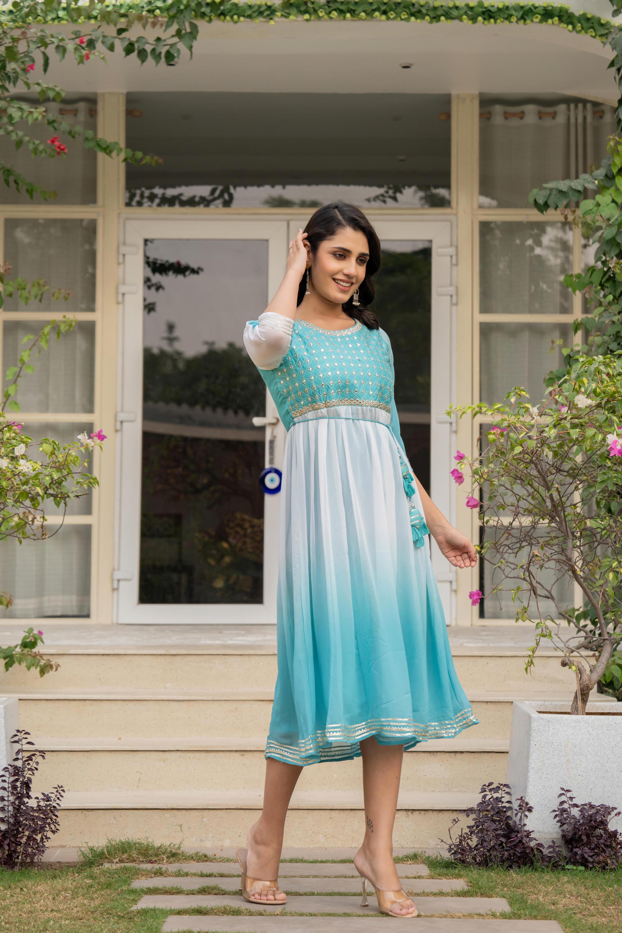 Teal Solid Georgette Dress With Doris At Waist & Mirror Work