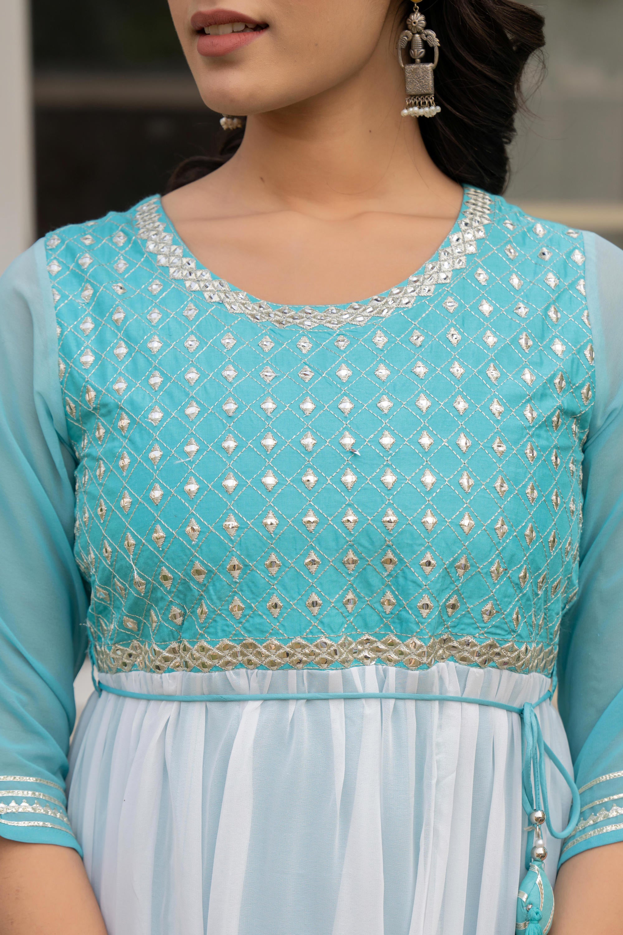 Teal Solid Georgette Dress With Doris At Waist & Mirror Work