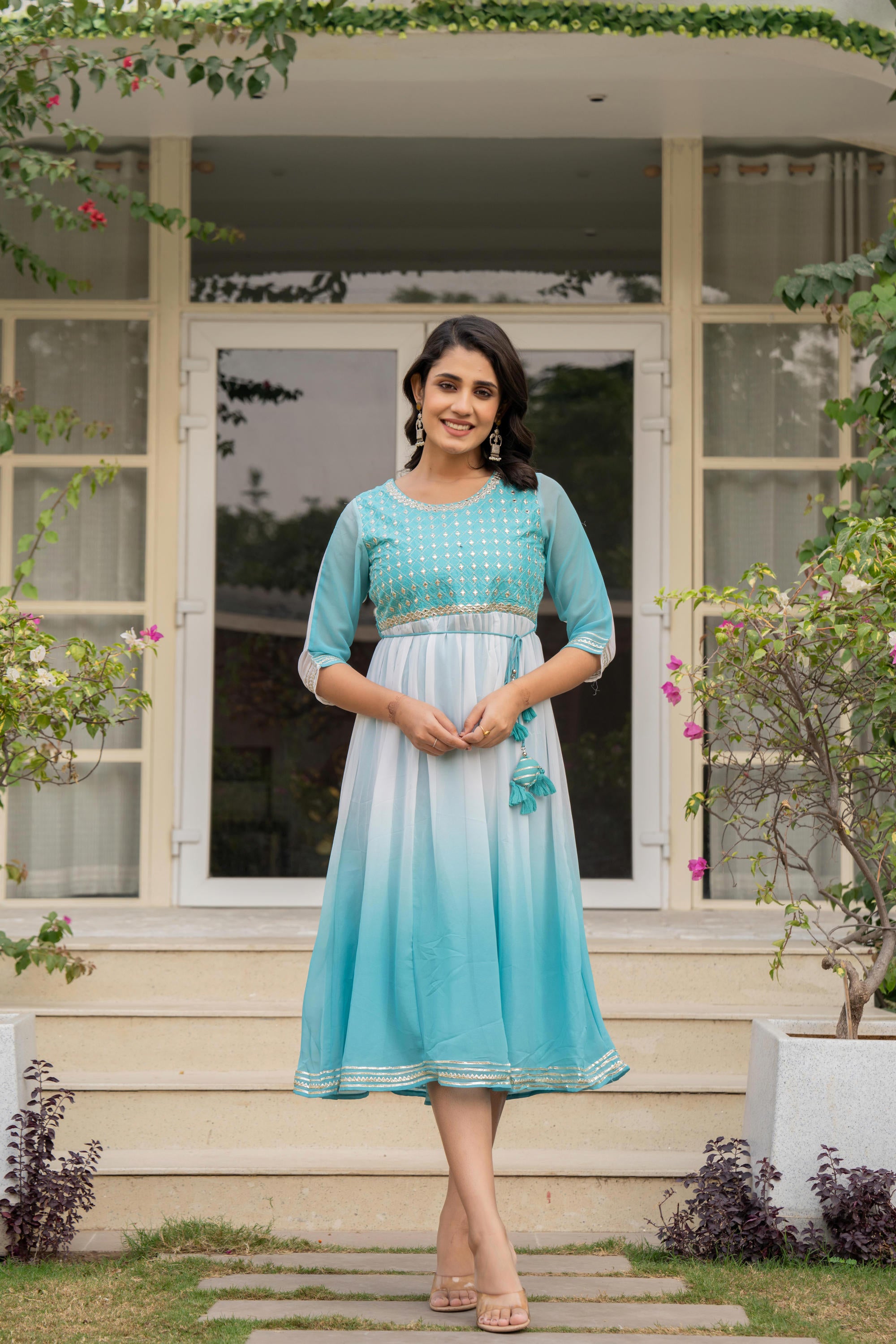 Teal Solid Georgette Dress With Doris At Waist & Mirror Work