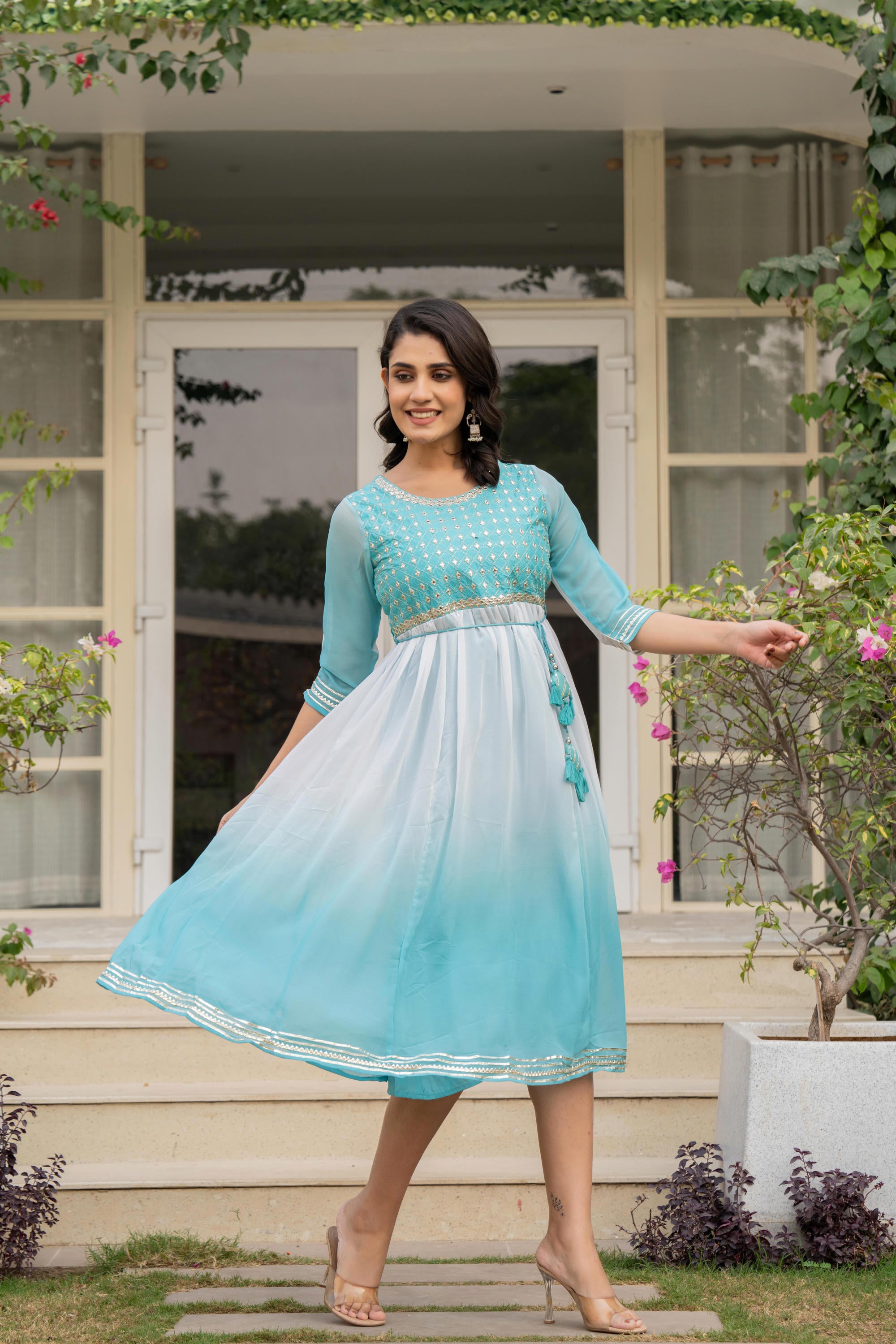 Teal Solid Georgette Dress With Doris At Waist & Mirror Work