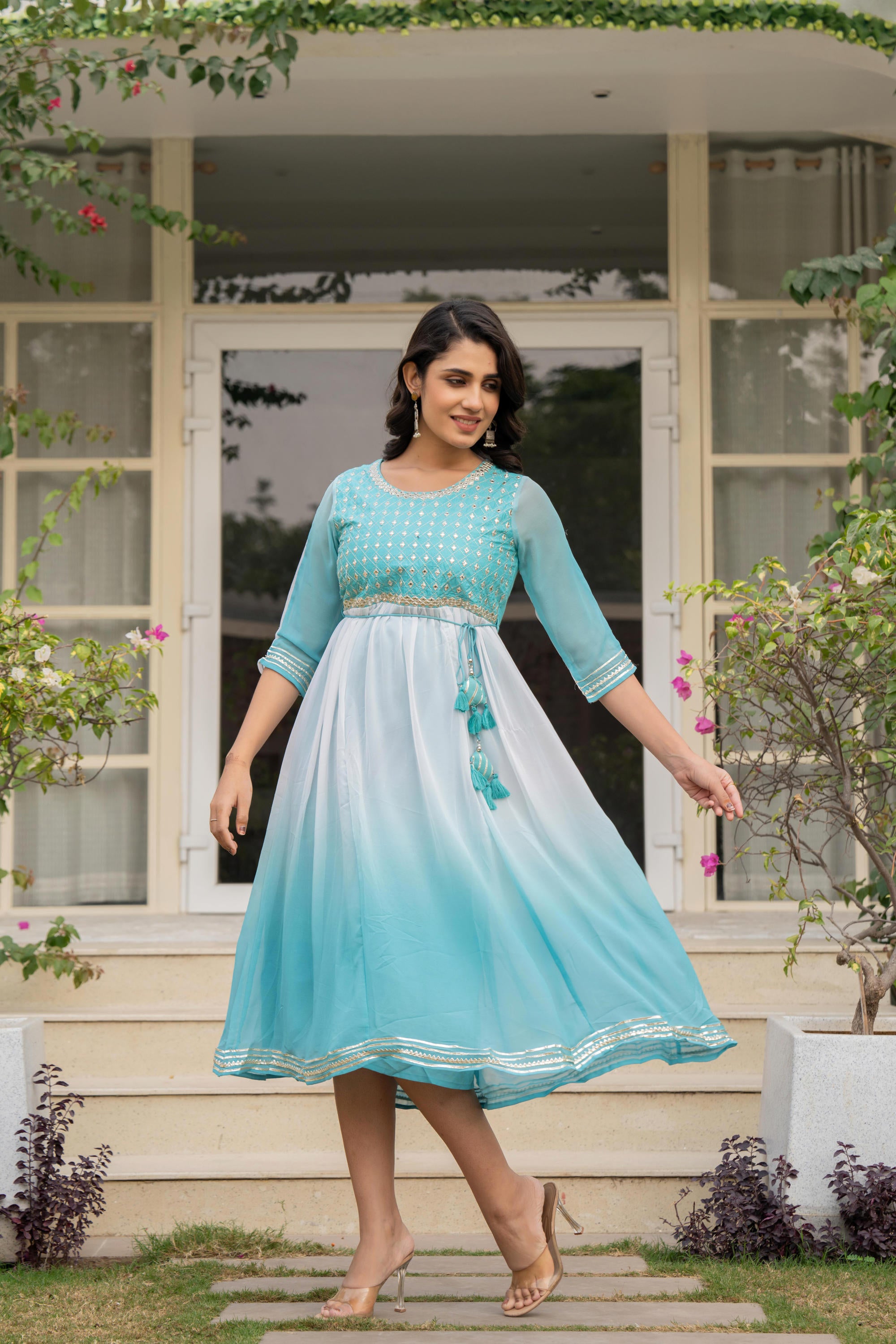 Teal Solid Georgette Dress With Doris At Waist & Mirror Work