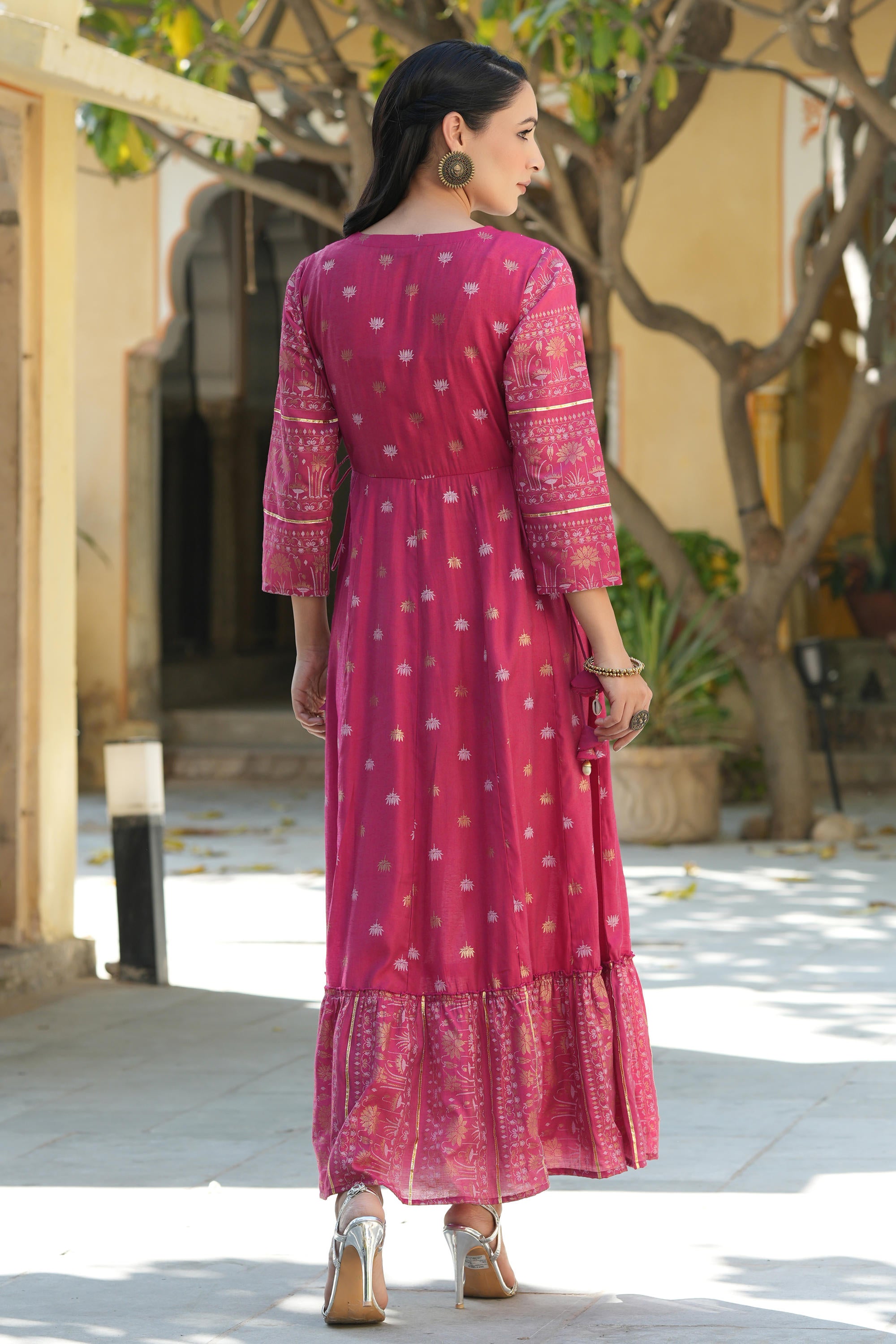 Fuchsia Ethnic Motif Printed Viscose Dress With Doris & Sequins