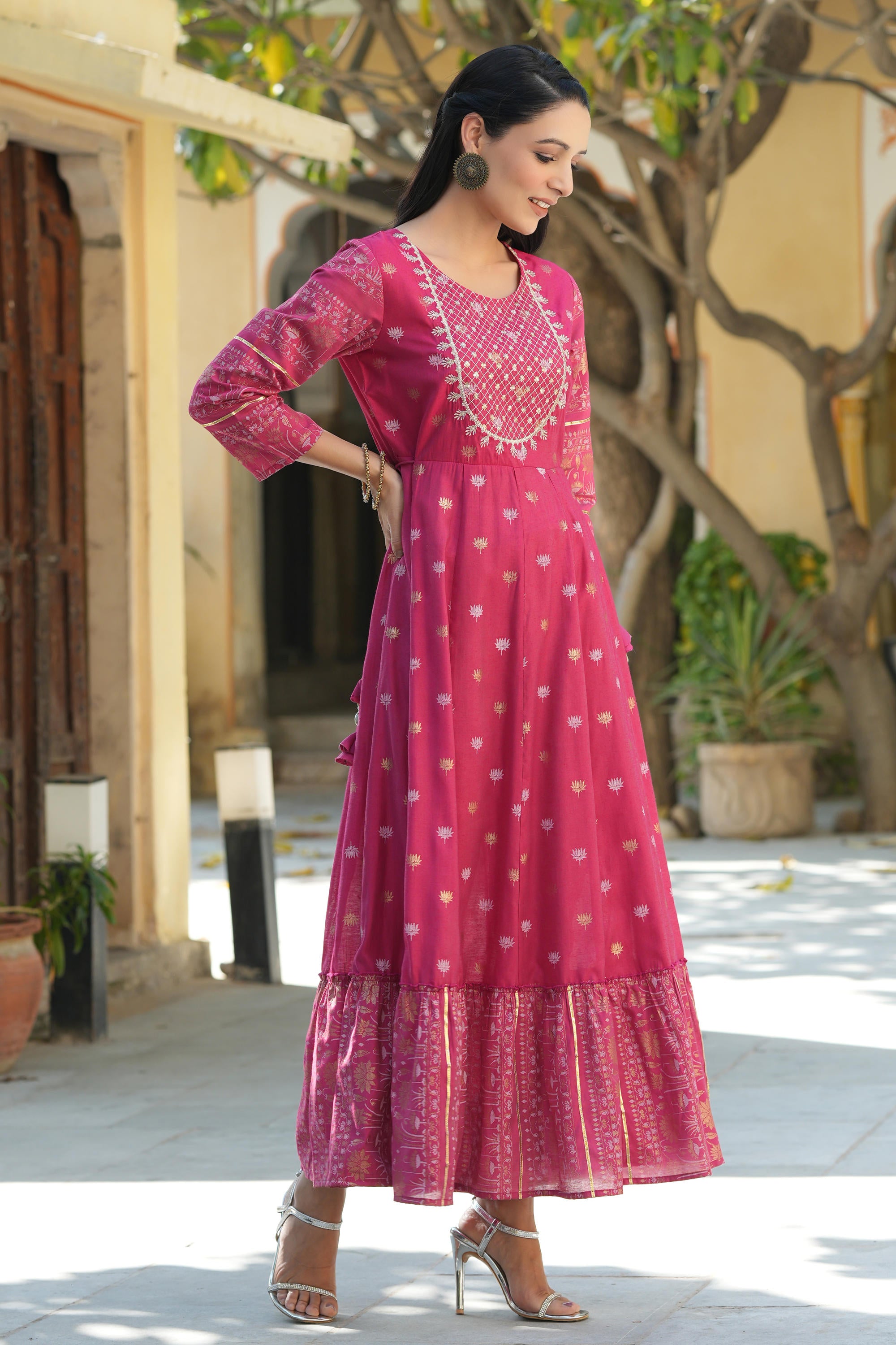 Fuchsia Ethnic Motif Printed Viscose Dress With Doris & Sequins