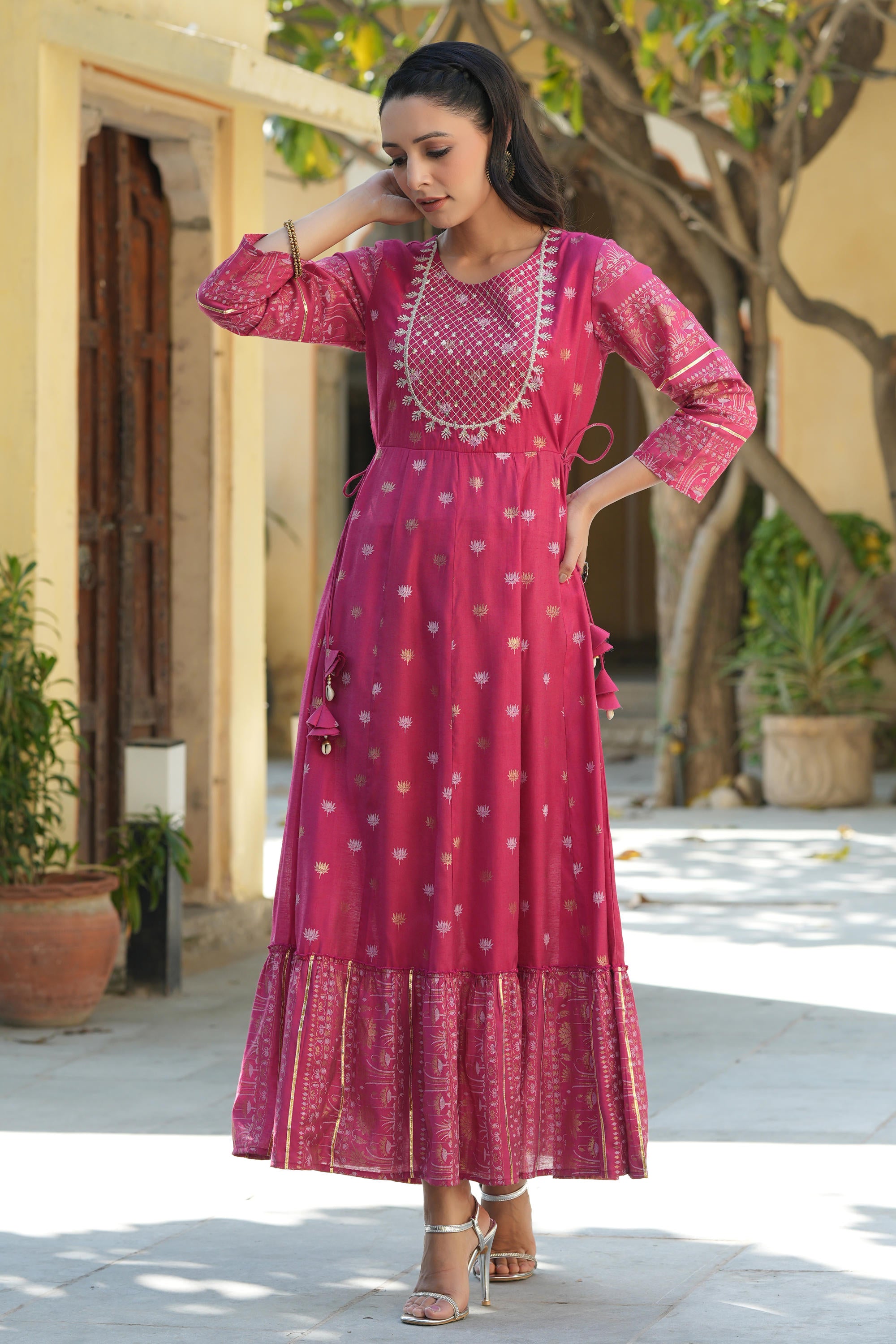 Fuchsia Ethnic Motif Printed Viscose Dress With Doris & Sequins